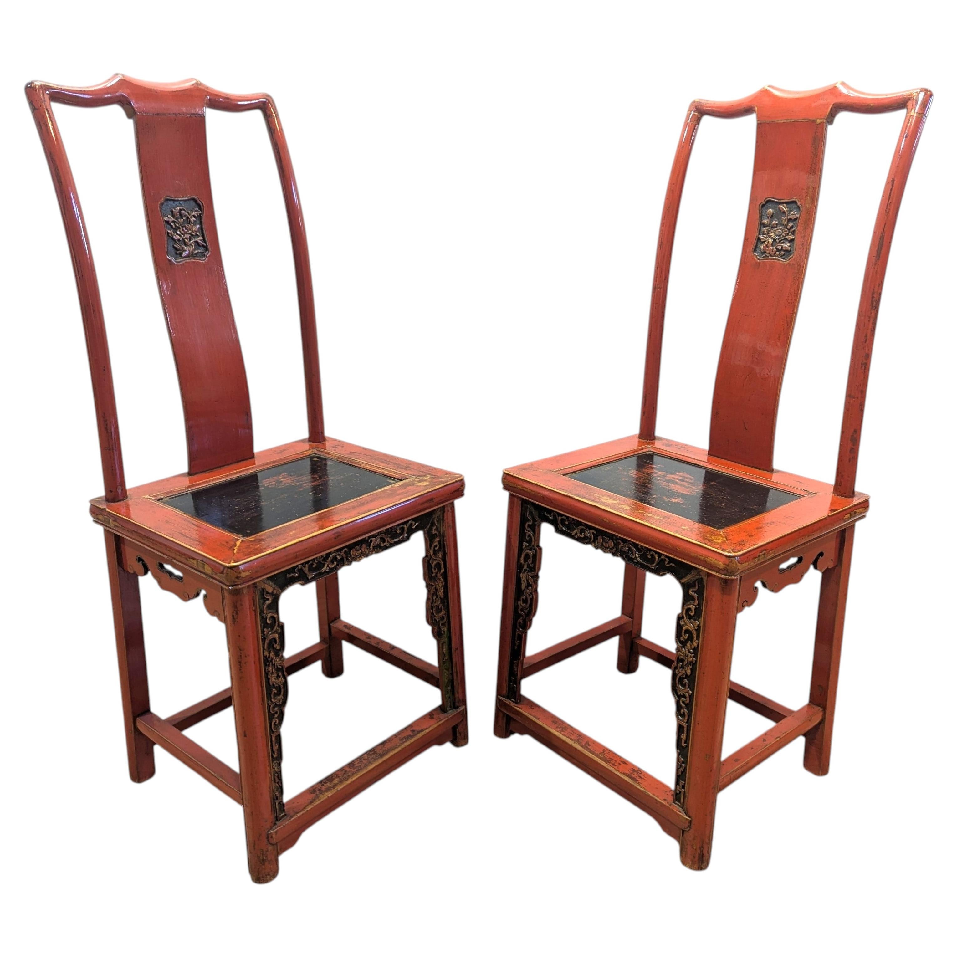 Antique Carved Red Lacquer Chinese Wedding Chairs CA1900