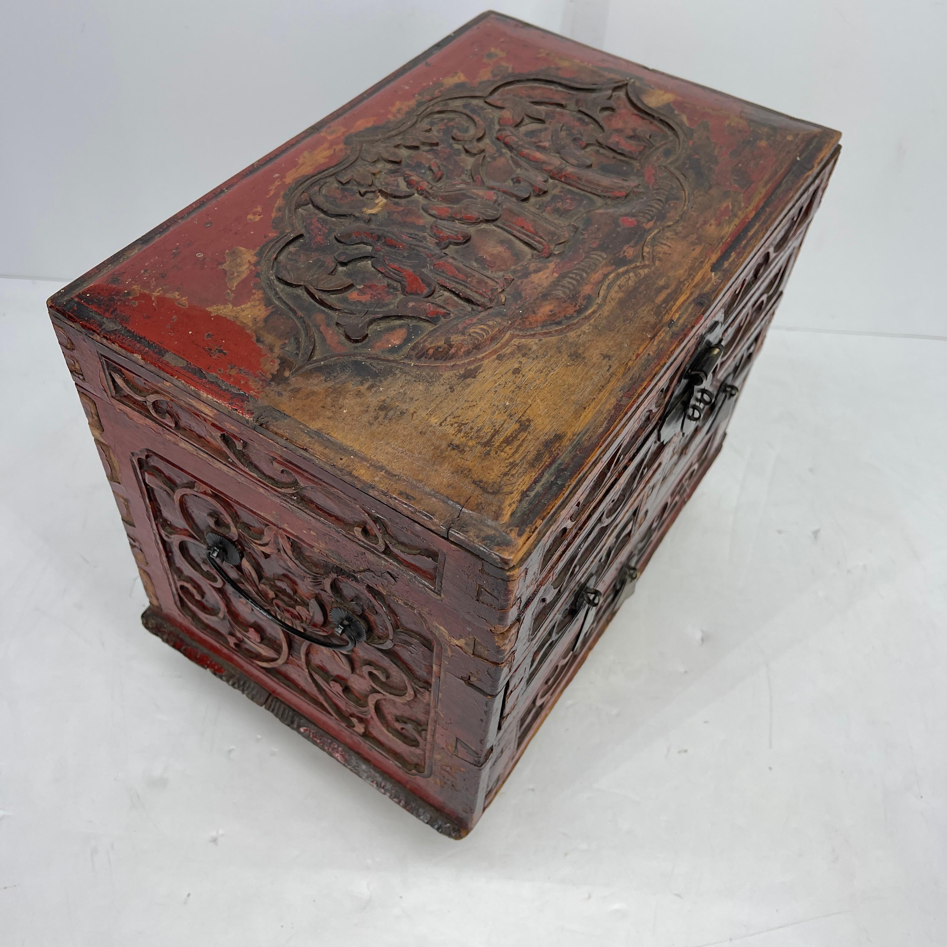 Antique Chinese Carved Red Lacquer Jewelry Collectibles Box 6