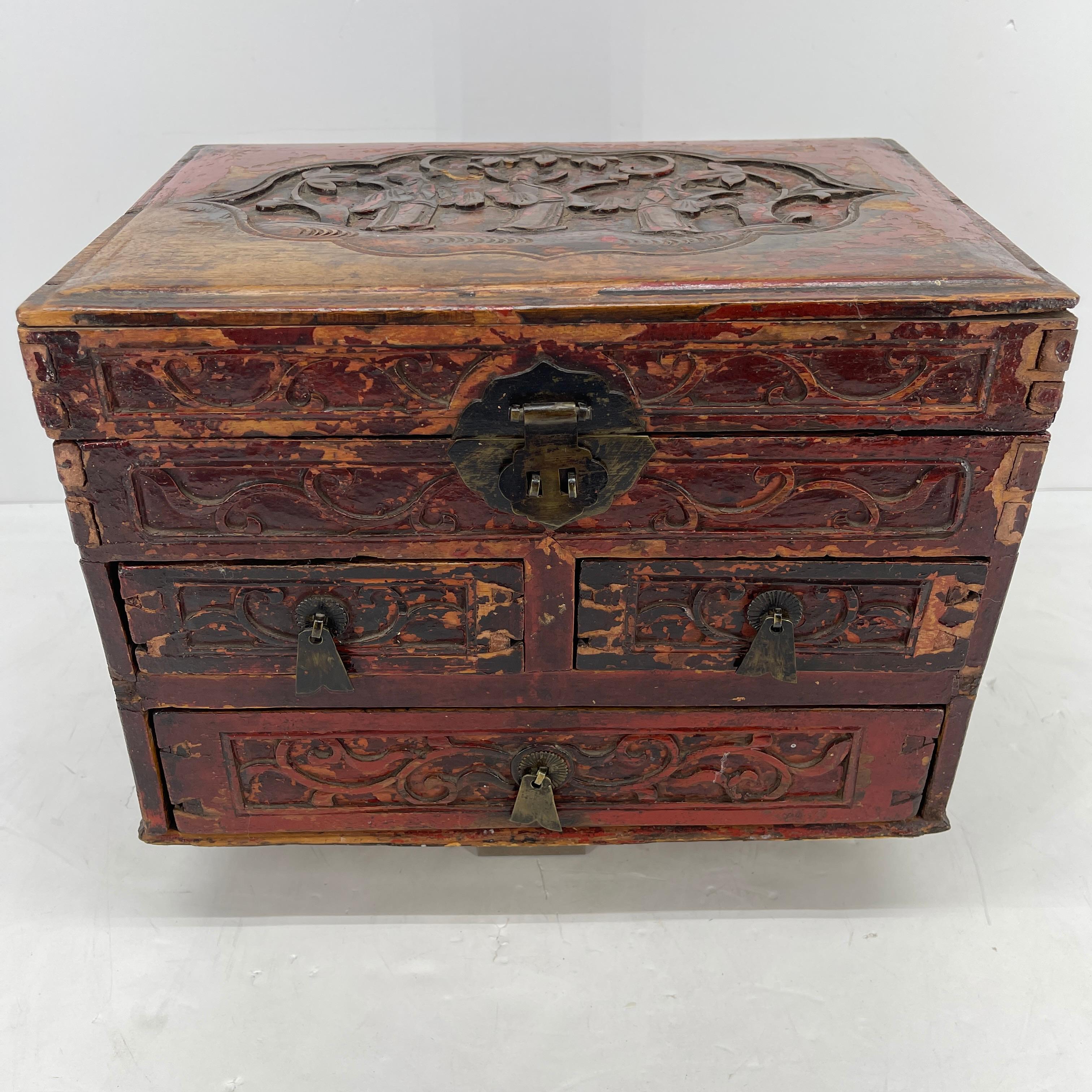 Antique Chinese Carved Red Lacquer Jewelry Collectibles Box 12