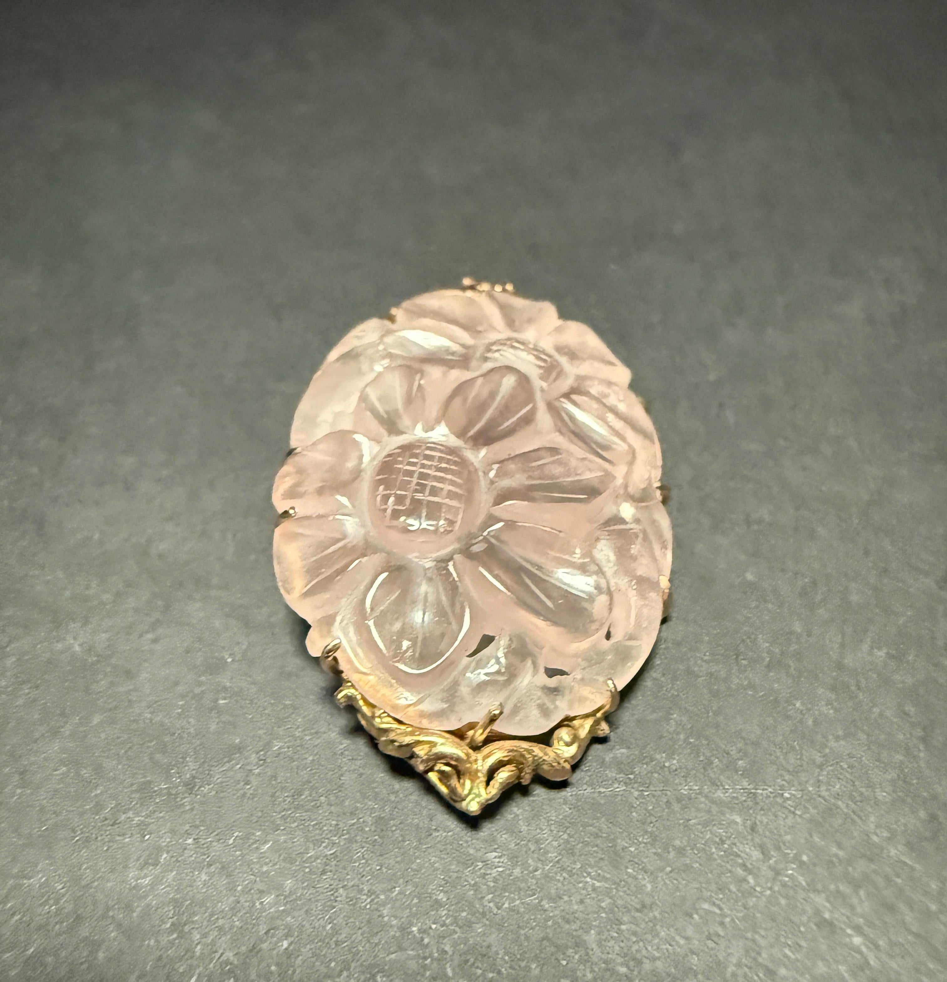 French Antique Carved Rose Quartz 14K Gold Pin Brooch For Sale