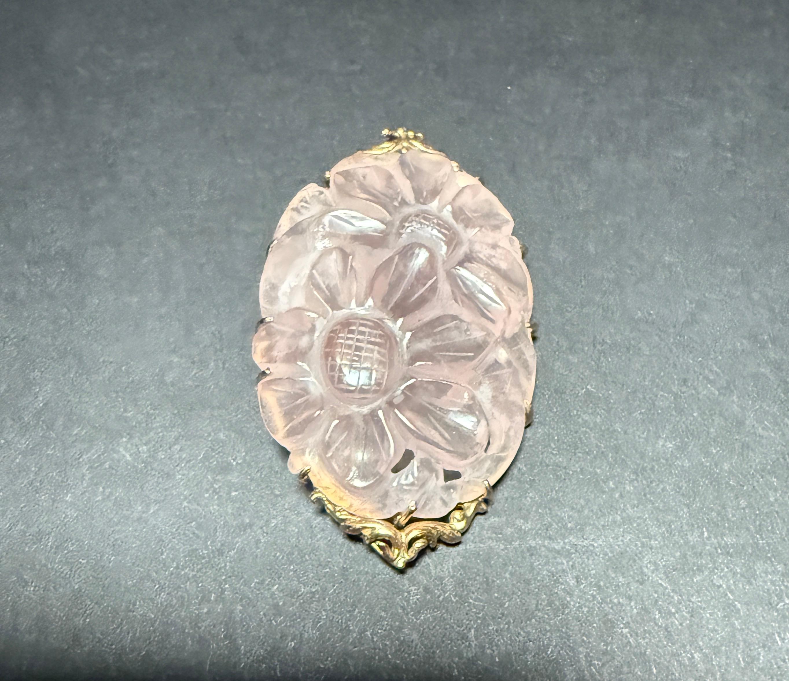 Hand-Carved Antique Carved Rose Quartz 14K Gold Pin Brooch For Sale