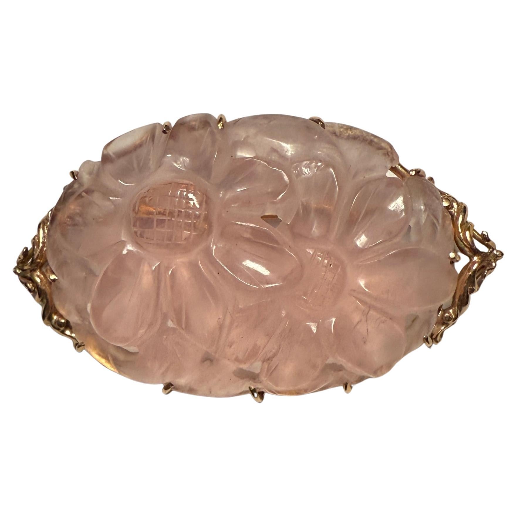 Antique Carved Rose Quartz 14K Gold Pin Brooch