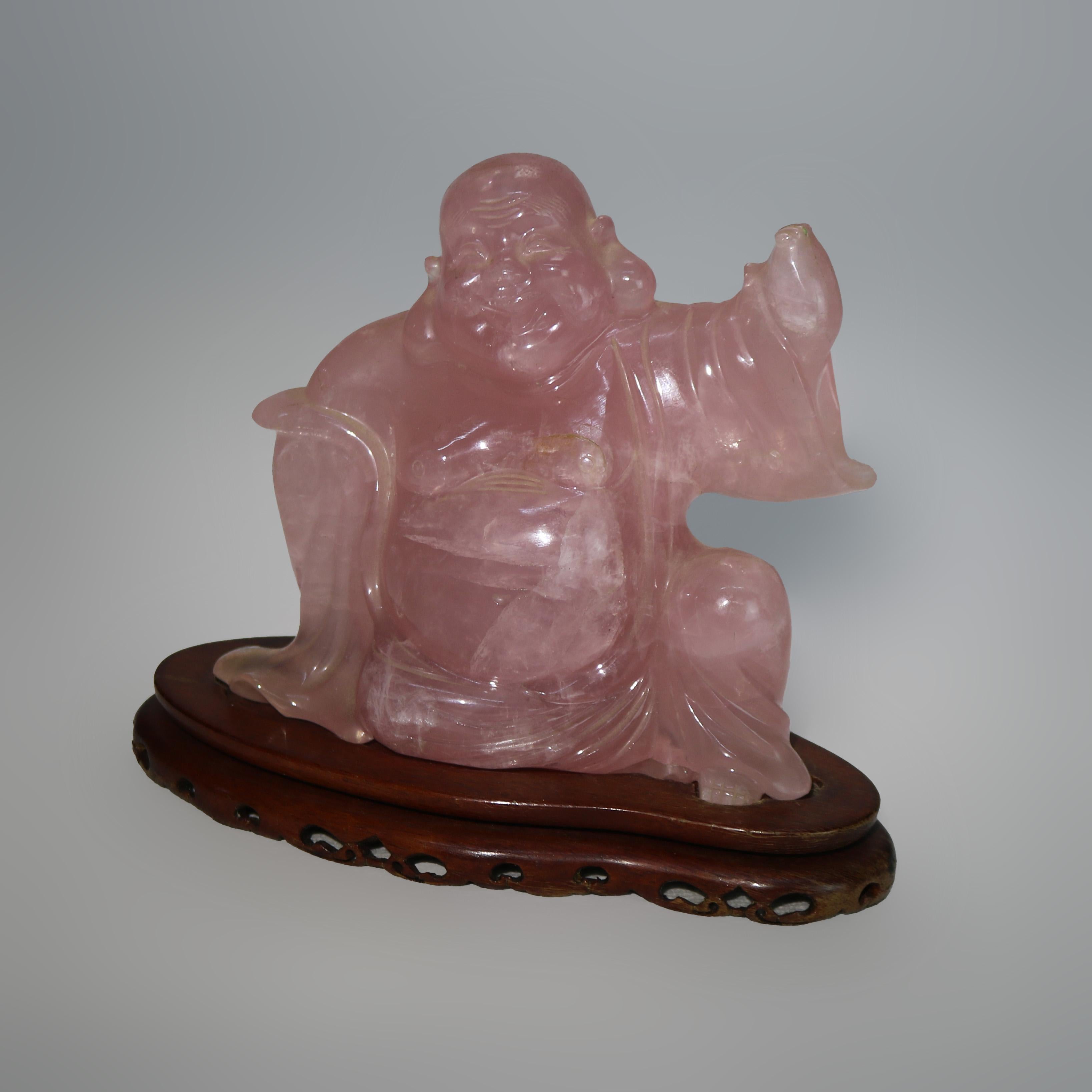 Antigua figura de Buda sonriente tallada en cuarzo rosa C1920 en Bueno estado para la venta en Big Flats, NY