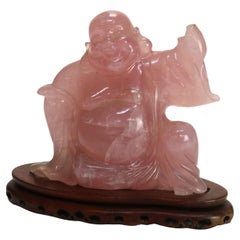 Antique Carved Rose Quartz Laughing Buddha Figure C1920