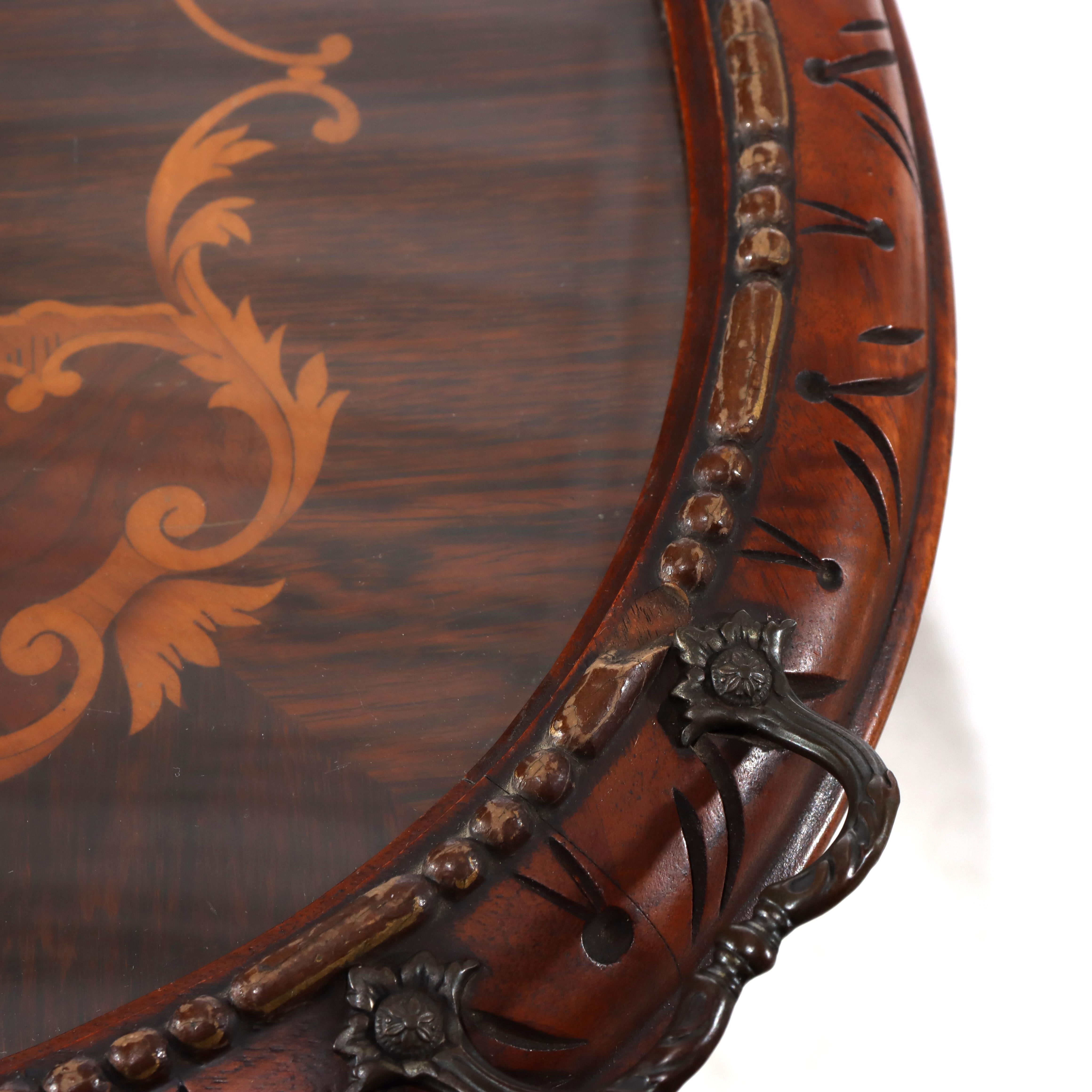 Ancienne table ovale sculptée en bois de rose et marqueterie avec plateau en verre C1920 en vente 6