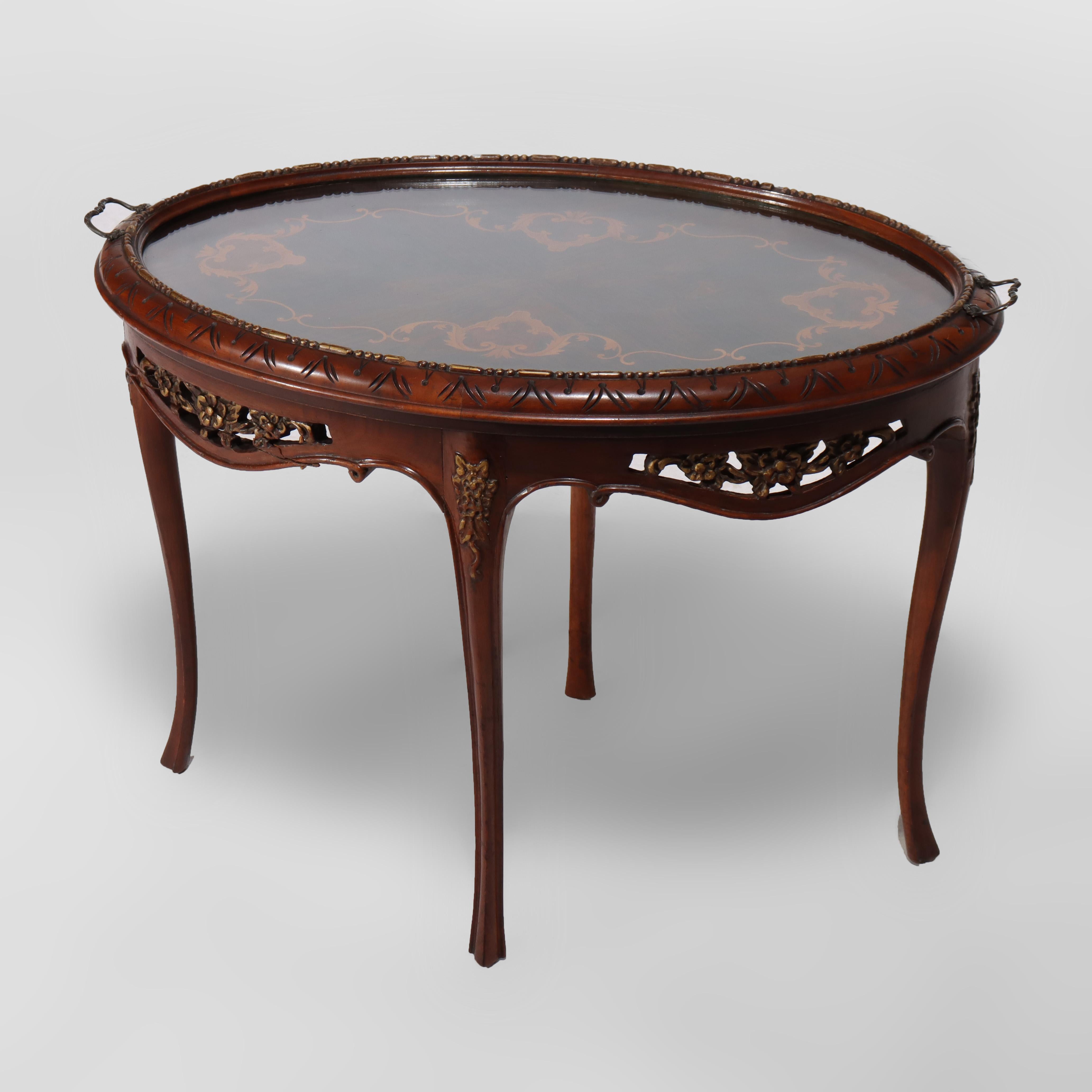 Ancienne table ovale sculptée en bois de rose et marqueterie avec plateau en verre C1920 Bon état - En vente à Big Flats, NY