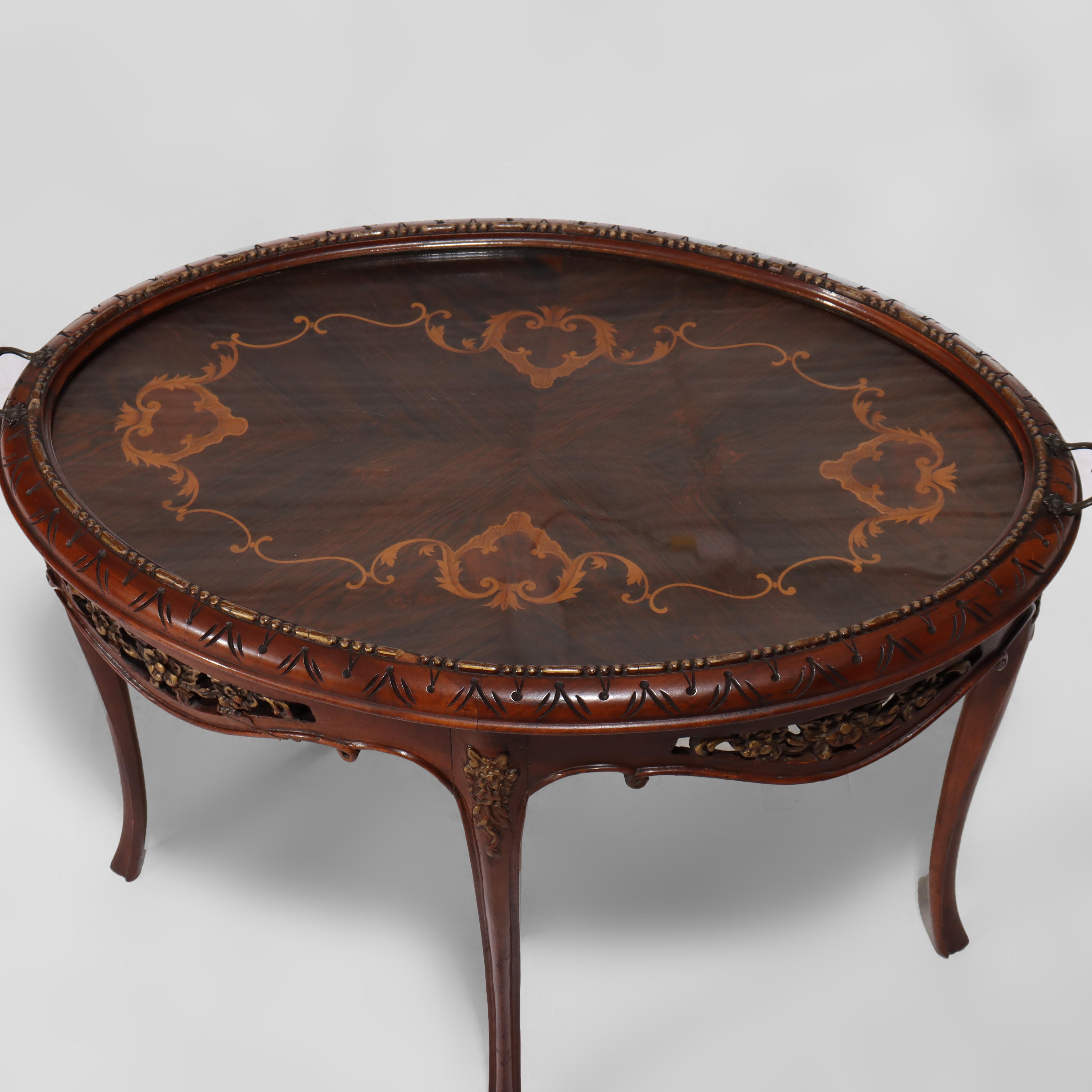 20ième siècle Ancienne table ovale sculptée en bois de rose et marqueterie avec plateau en verre C1920 en vente
