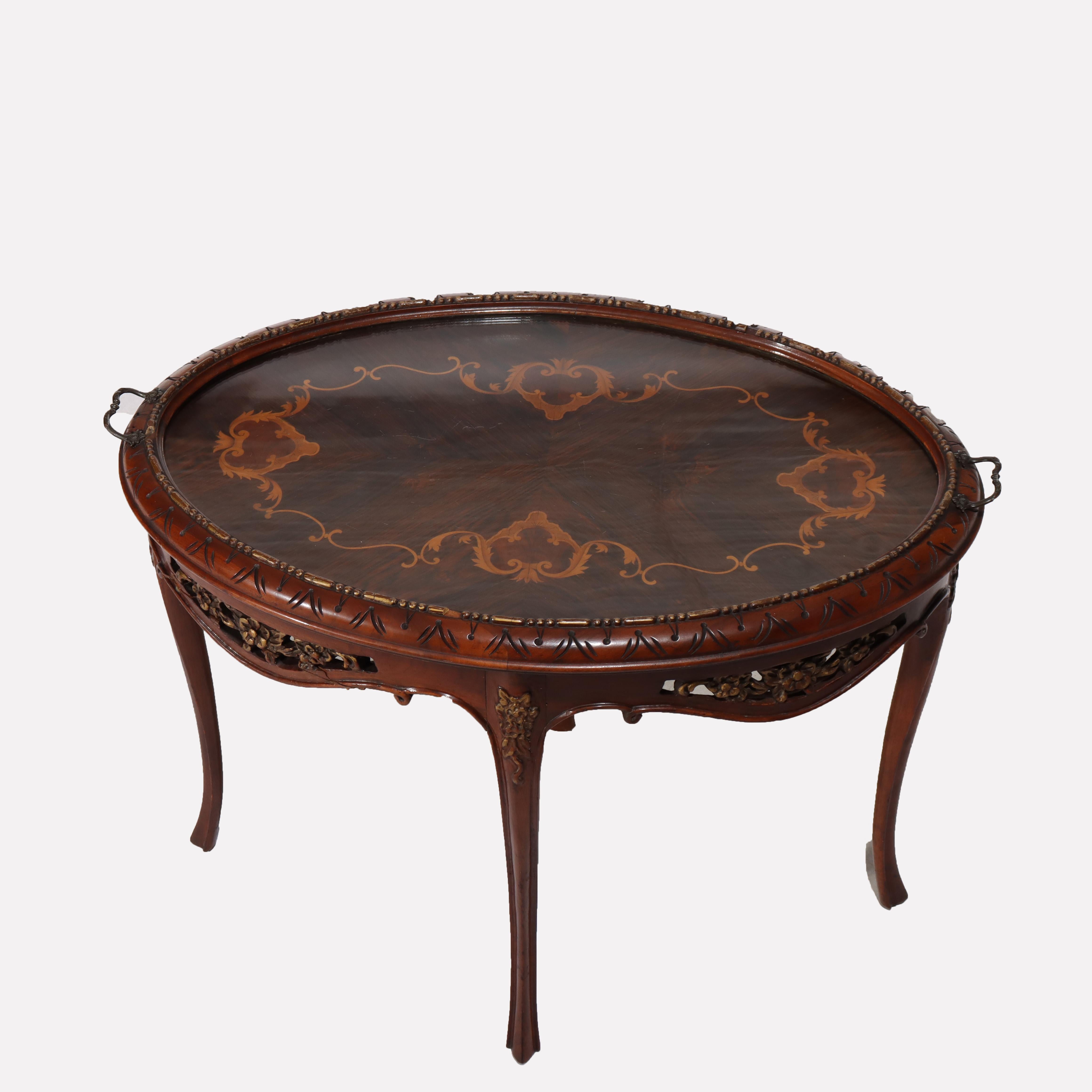 Verre Ancienne table ovale sculptée en bois de rose et marqueterie avec plateau en verre C1920 en vente