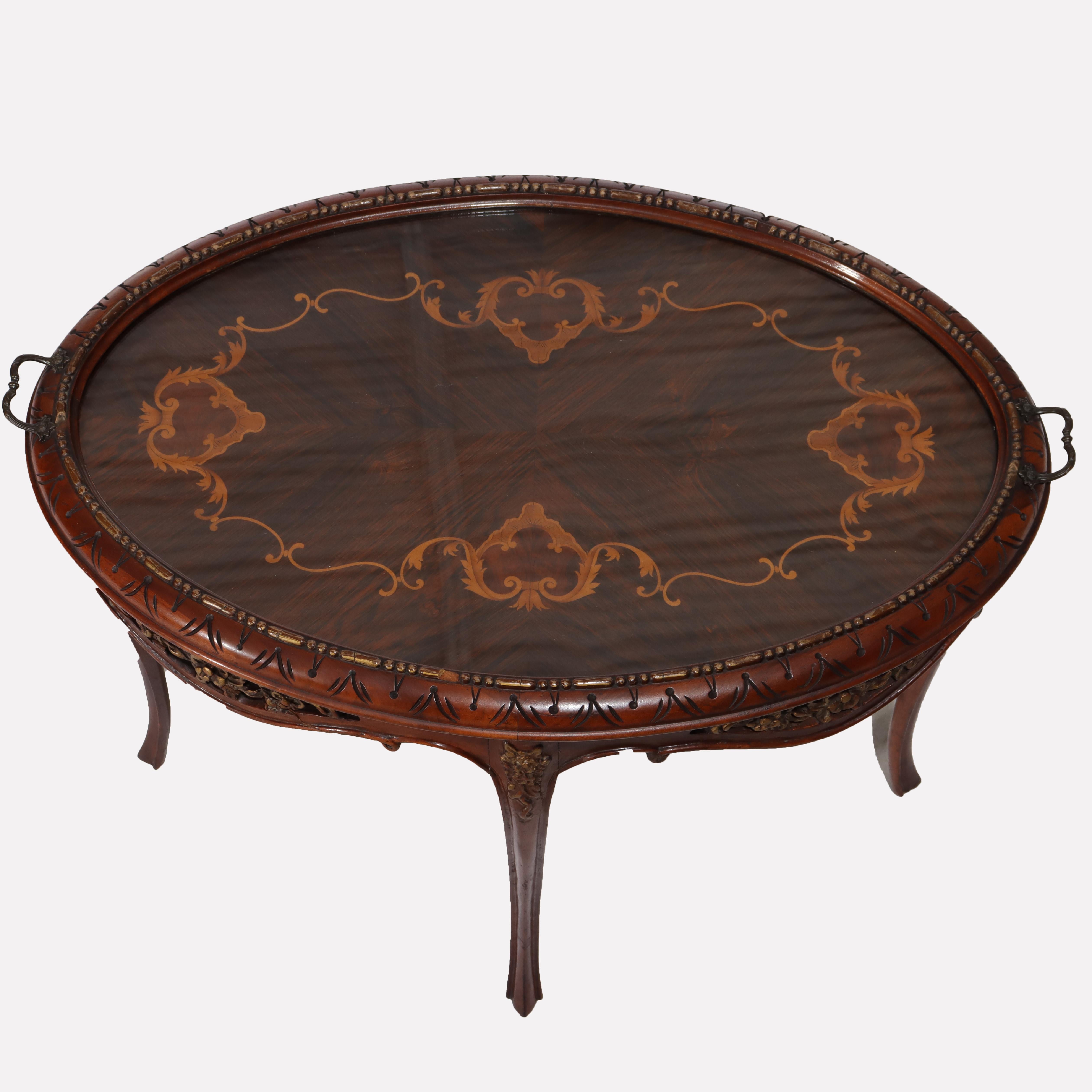 Ancienne table ovale sculptée en bois de rose et marqueterie avec plateau en verre C1920 en vente 1