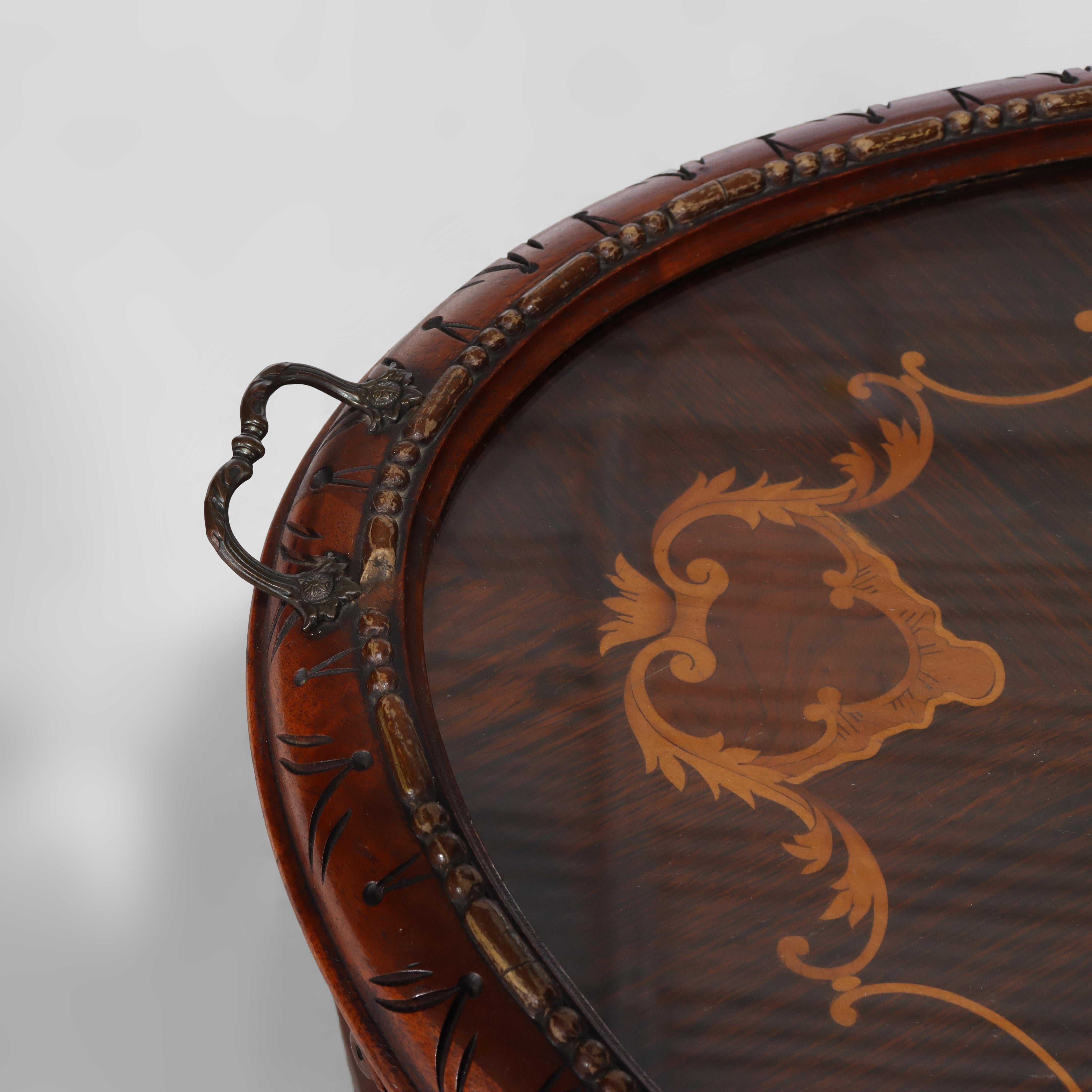 Ancienne table ovale sculptée en bois de rose et marqueterie avec plateau en verre C1920 en vente 2