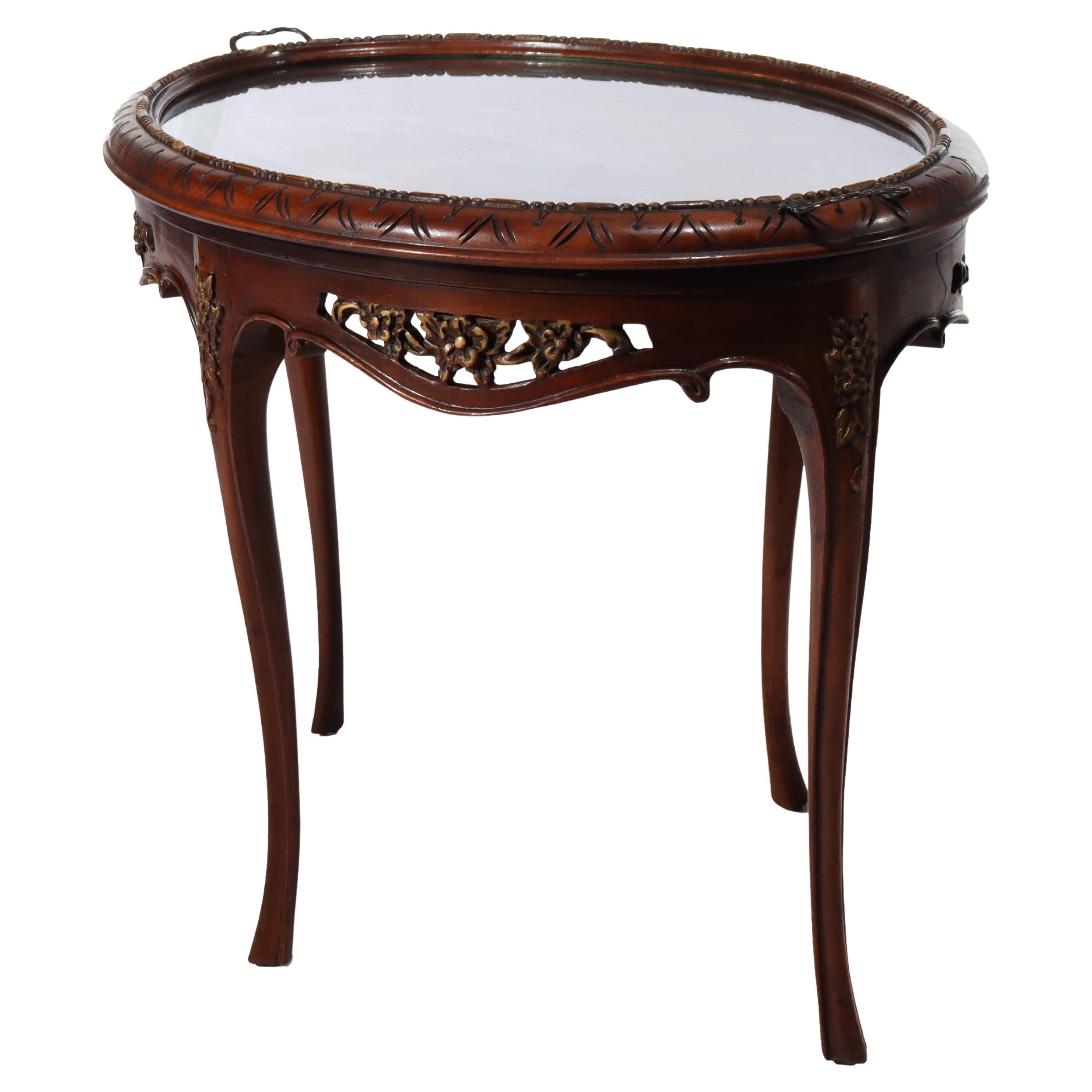 Antique Carved Rosewood & Marquetry Oval Table with Glass Tray C1920