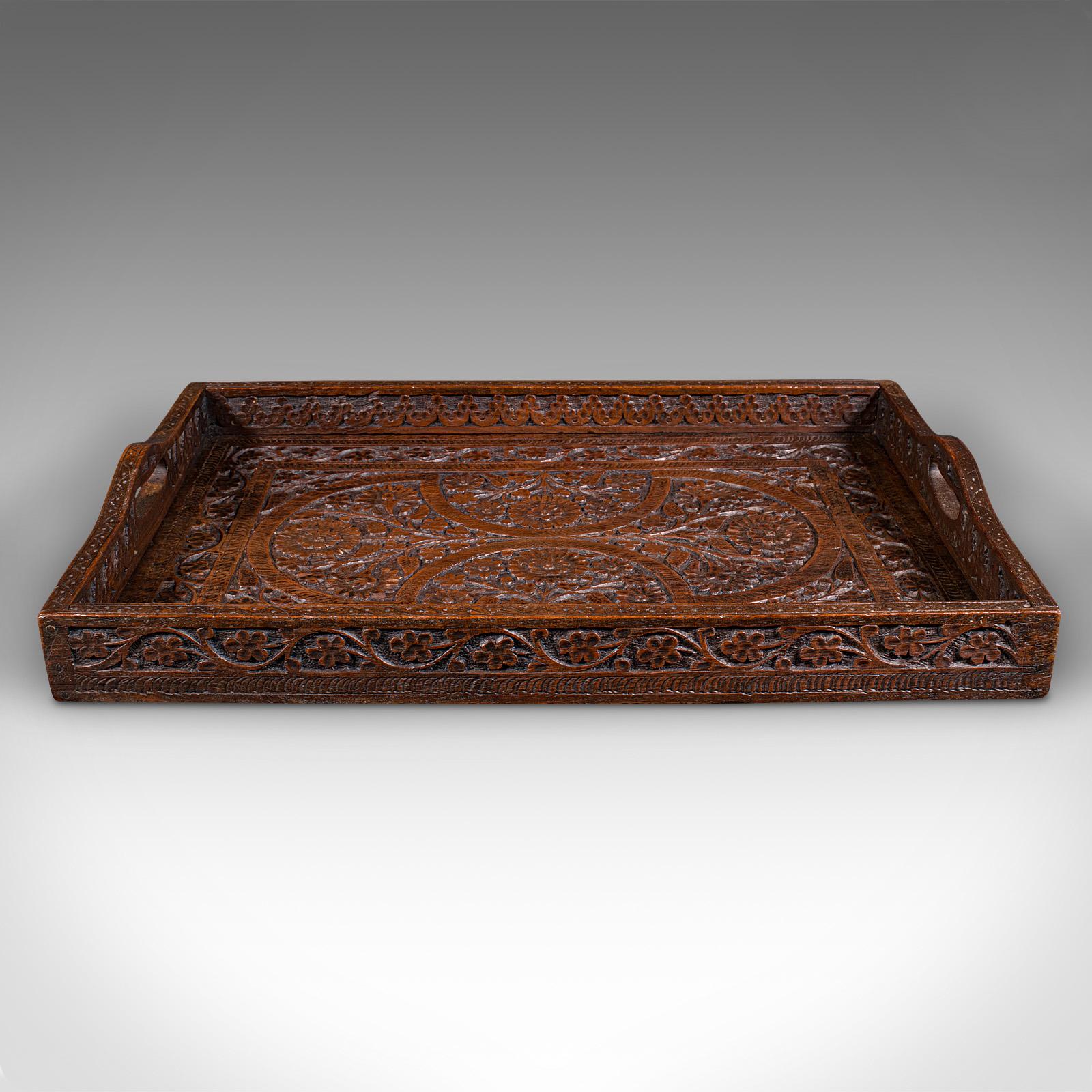 Tardo vittoriano Antique Carved Serving Tray, Anglo-Indian, Teak Afternoon Tea Platter, Victorian in vendita