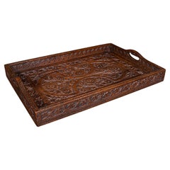 Antique Carved Serving Tray, Anglo-Indian, Teak Afternoon Tea Platter, Victorian