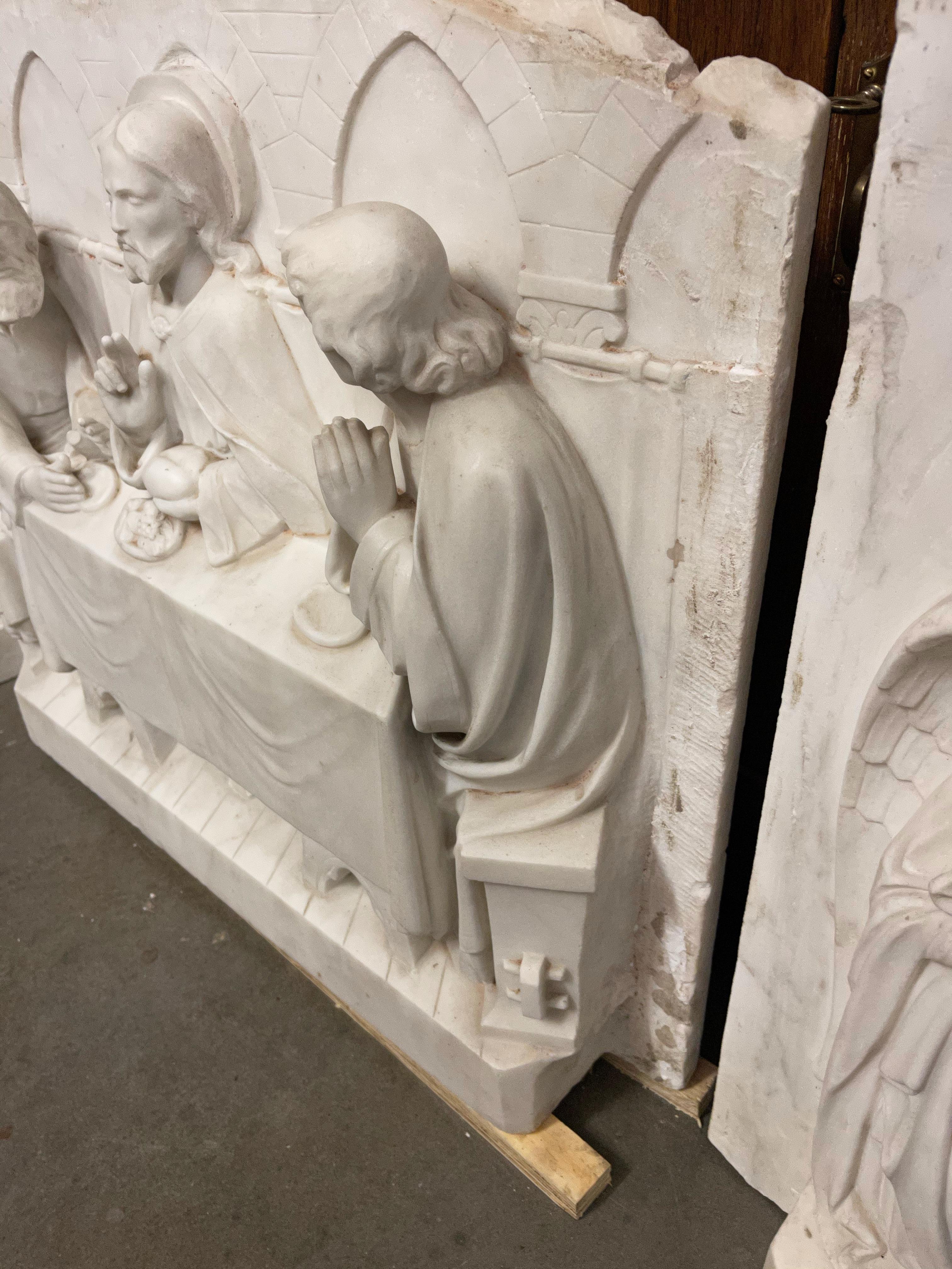 Antique Carved Set of Marble Gothic Altar Panels w Christ and Disciples & Angels For Sale 2