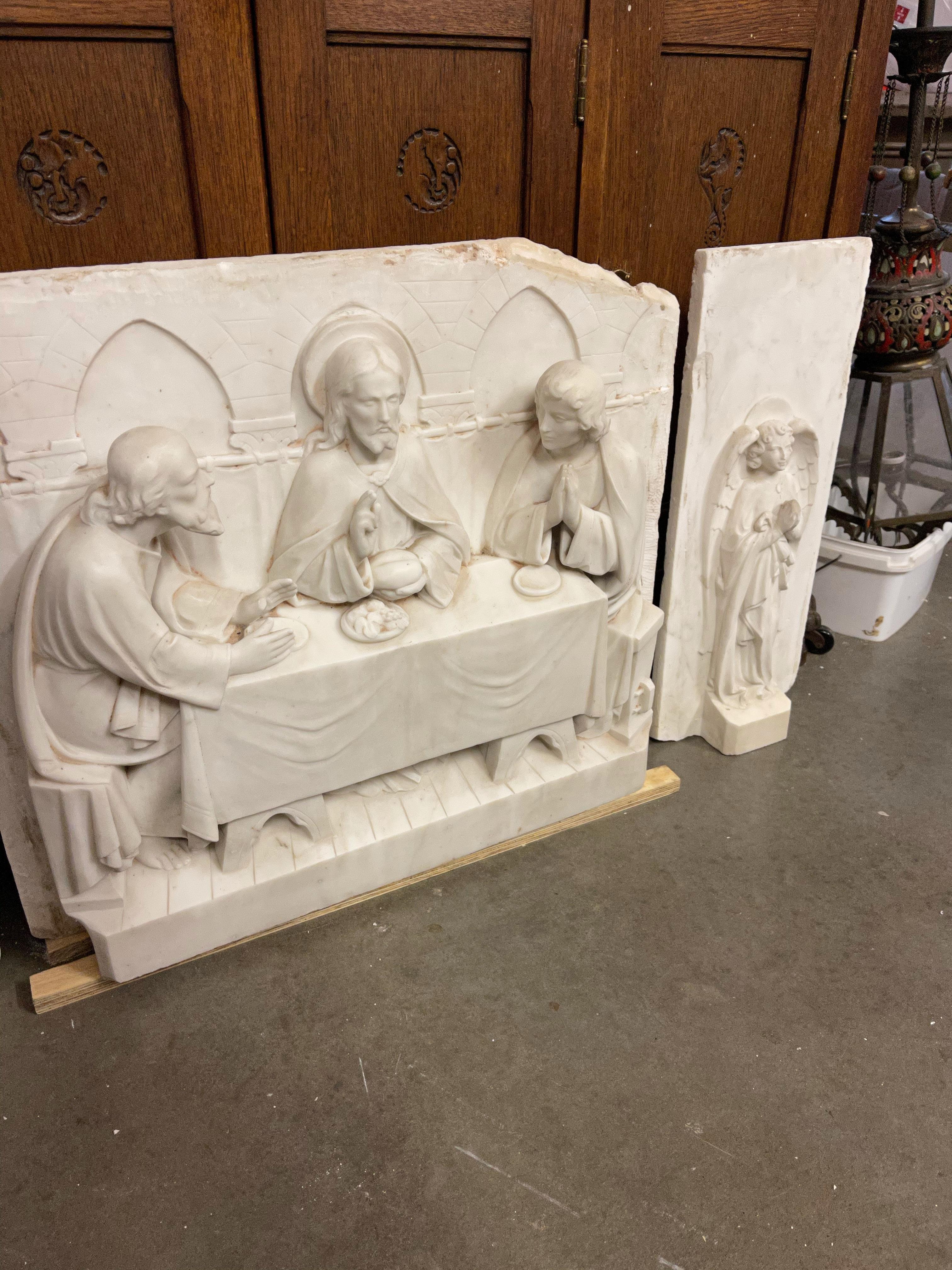 Antique Carved Set of Marble Gothic Altar Panels w Christ and Disciples & Angels For Sale 4