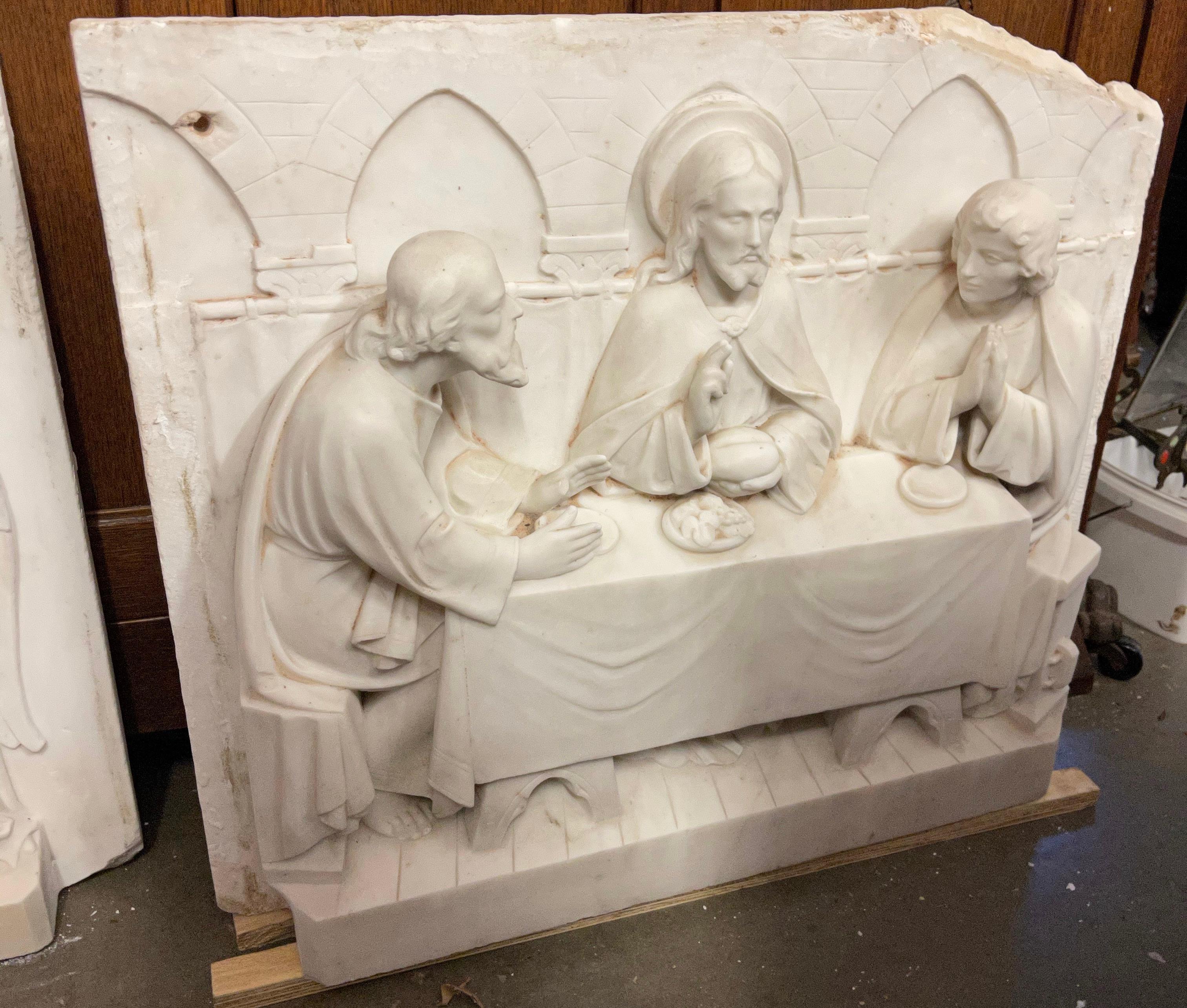 Italian Antique Carved Set of Marble Gothic Altar Panels w Christ and Disciples & Angels For Sale