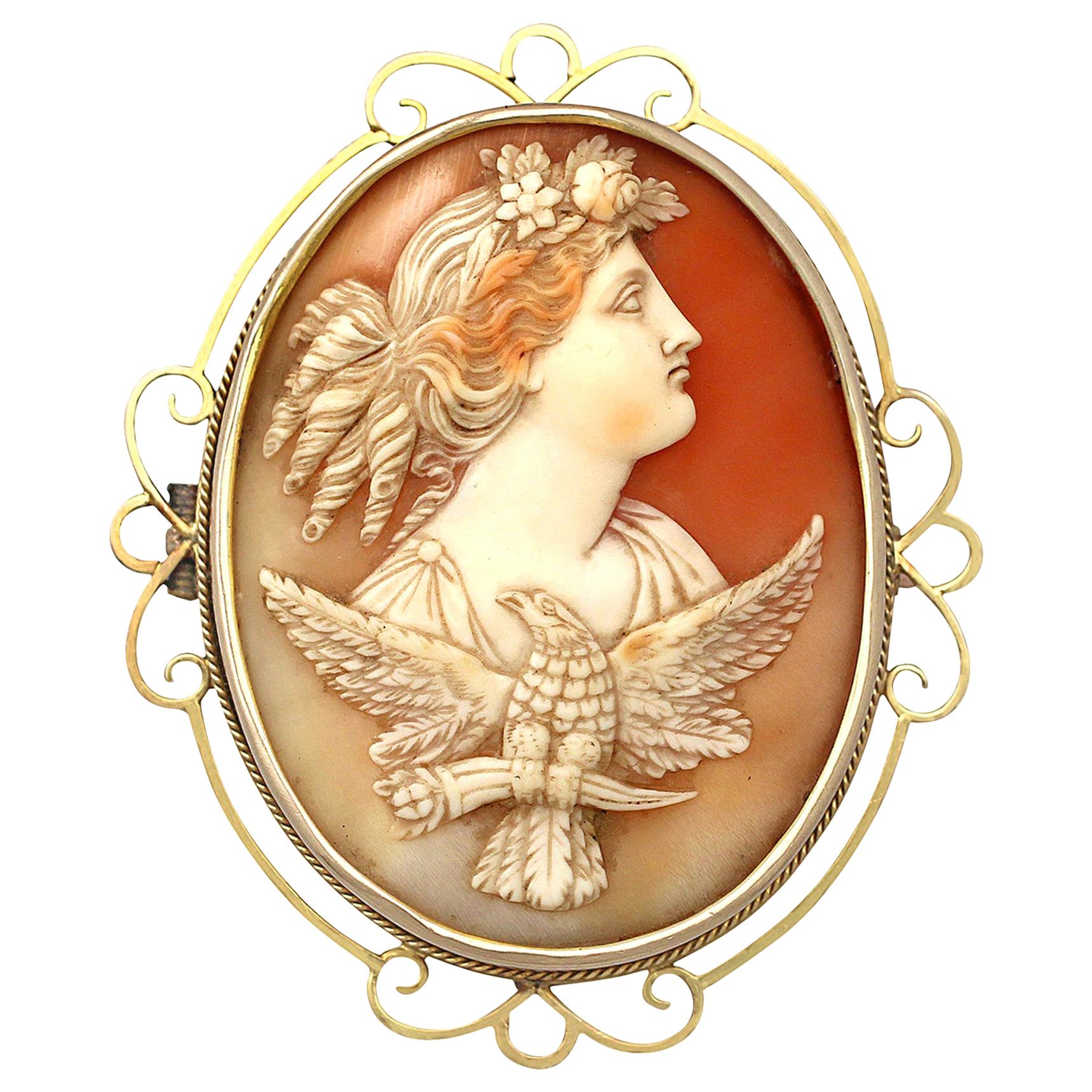 Victorian Carved Shell and Yellow Gold Cameo Brooch For Sale