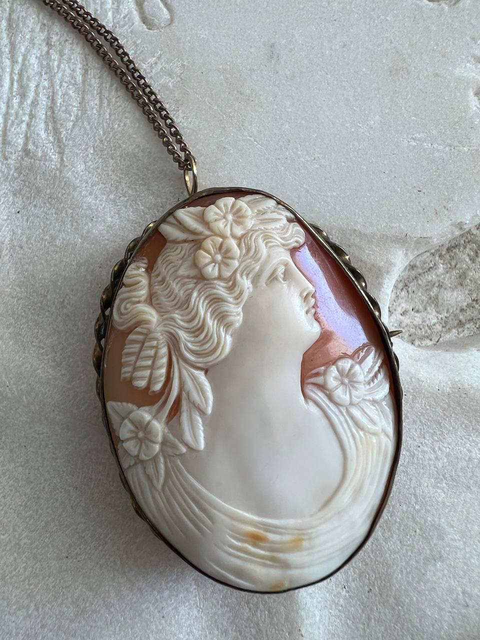 Belle Époque Antique Carved Shell Cameo 12K Gold Filled Necklace Pendant and Brooch For Sale