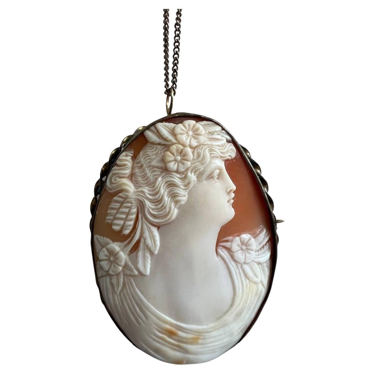 Antique Carved Shell Cameo 12K Gold Filled Necklace Pendant and Brooch For Sale