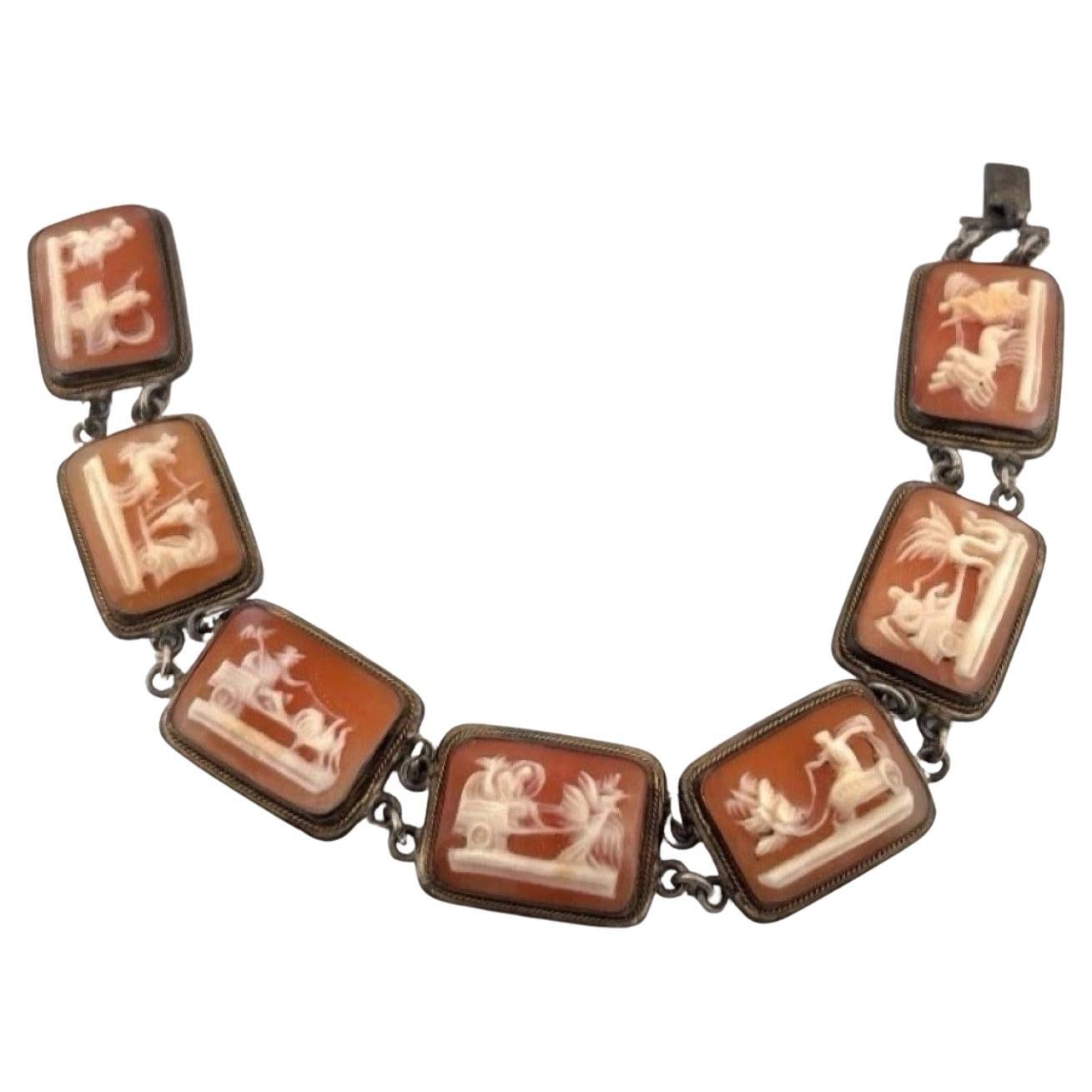 Antique Carved Shell Cameo Panel 800 Silver Italy 7.5" 21.61g Bracelet