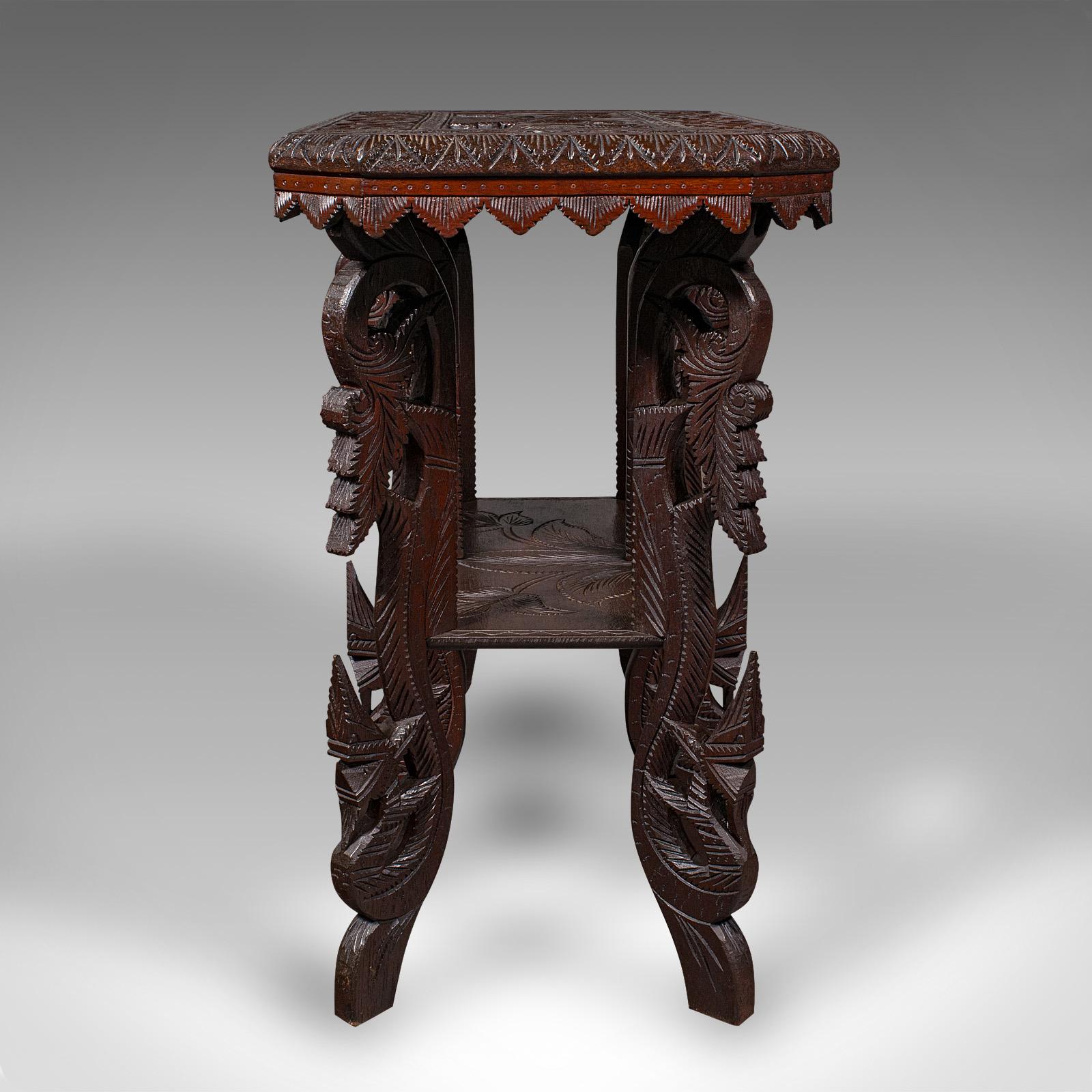 British Colonial Antique Carved Side Table, Indian, Teak, Lamp, Side, Tray, Occasional, Victorian For Sale