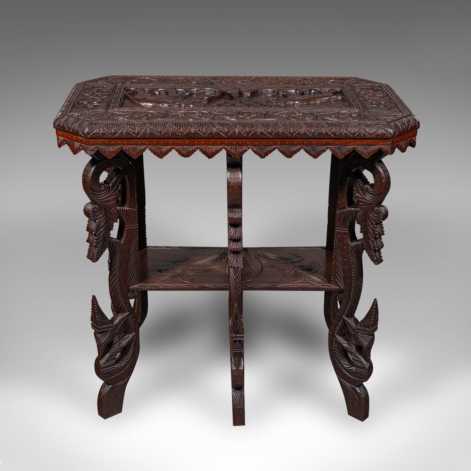 Antique Carved Side Table, Indian, Teak, Lamp, Side, Tray, Occasional, Victorian In Good Condition For Sale In Hele, Devon, GB