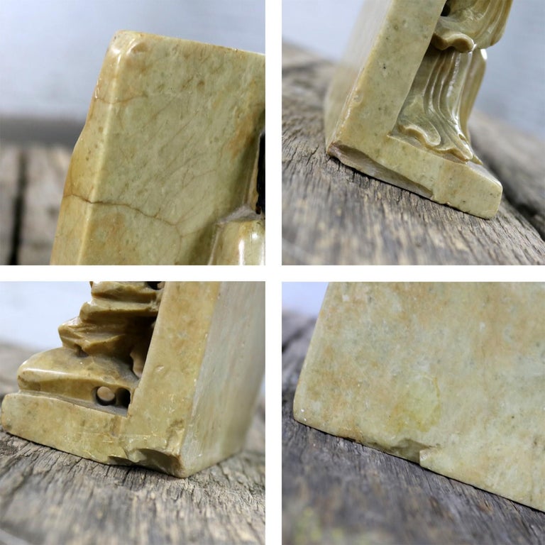 Antique Carved Soapstone Bookends with Chinese Figures and Teapot