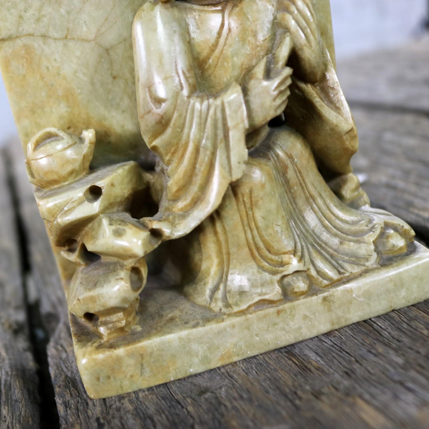 Antique Carved Soapstone Bookends with Chinese Figures and Teapot Detail For Sale 3
