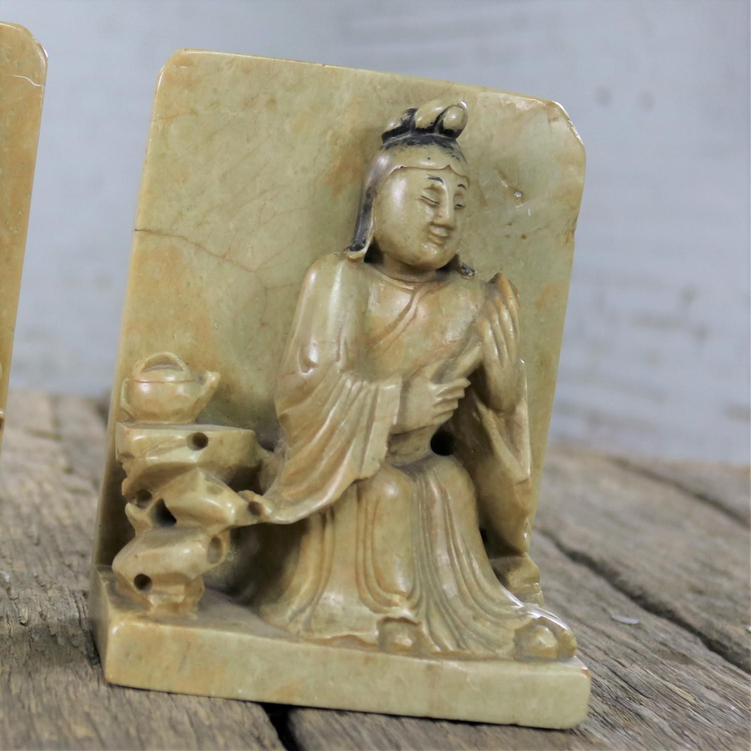 Stone Antique Carved Soapstone Bookends with Chinese Figures and Teapot Detail For Sale