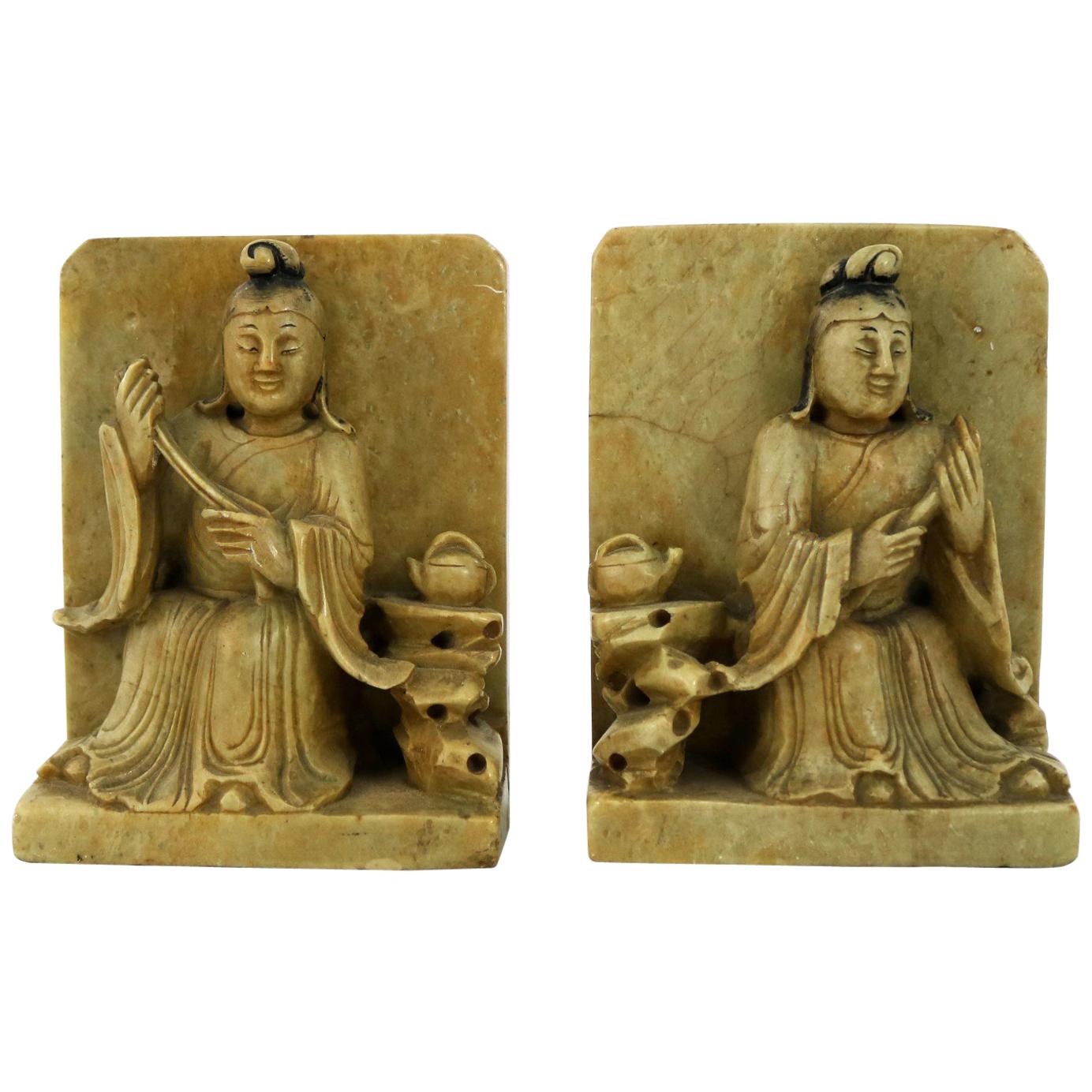 Antique Carved Soapstone Bookends with Chinese Figures and Teapot Detail For Sale