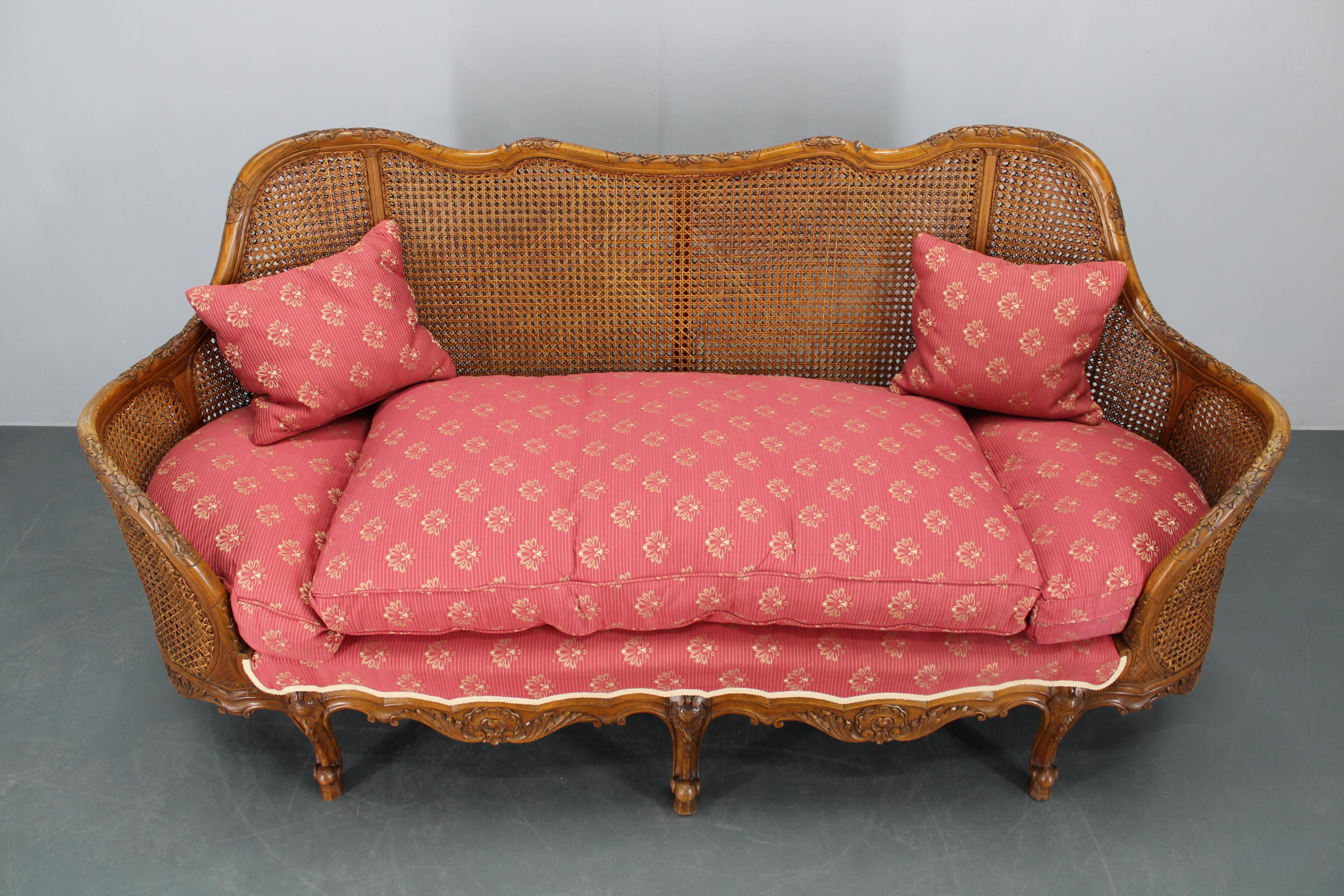Art Nouveau Antique Carved Sofa with Cane Sides , Czechoslovakia in vendita