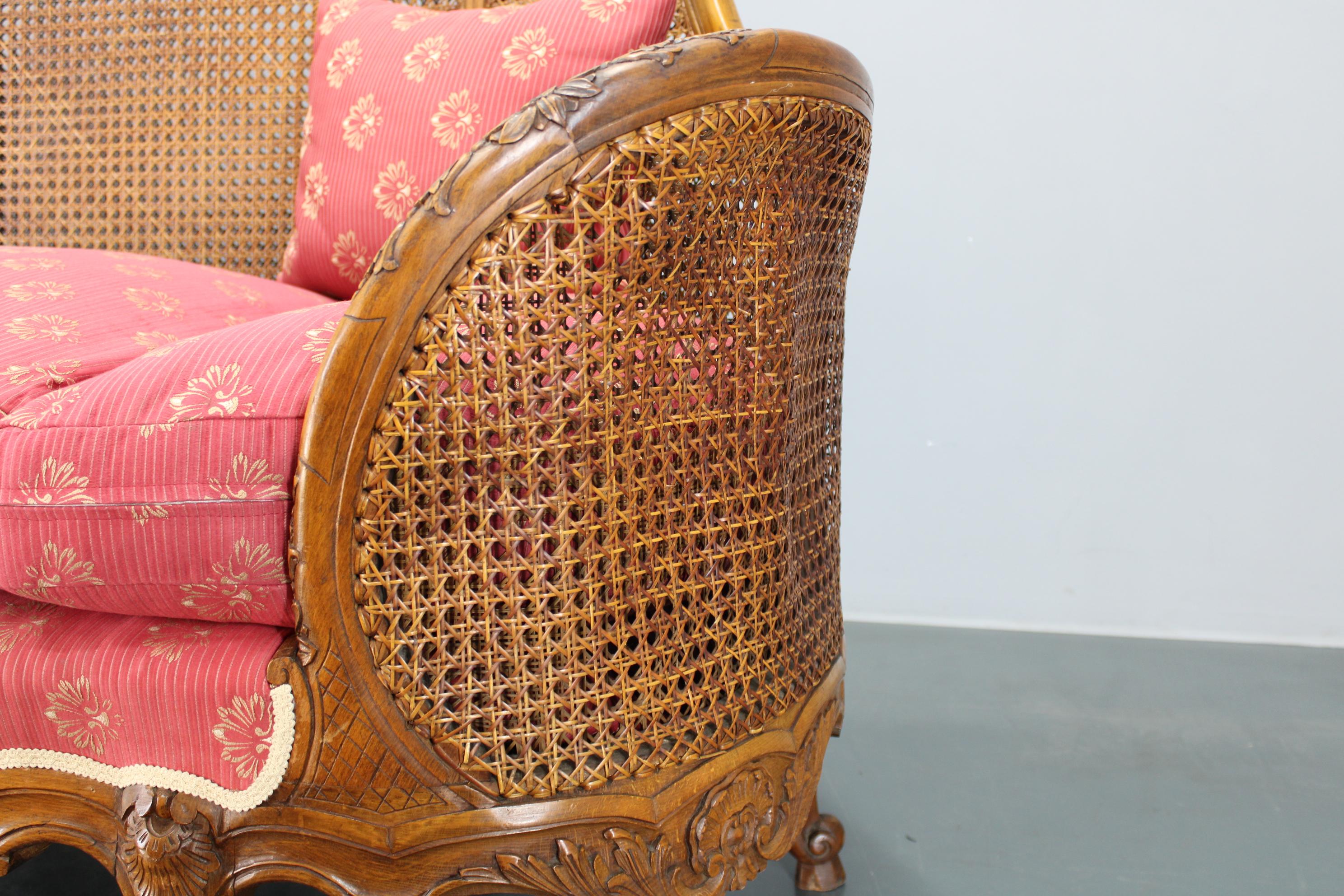 Tessuto Antique Carved Sofa with Cane Sides , Czechoslovakia in vendita