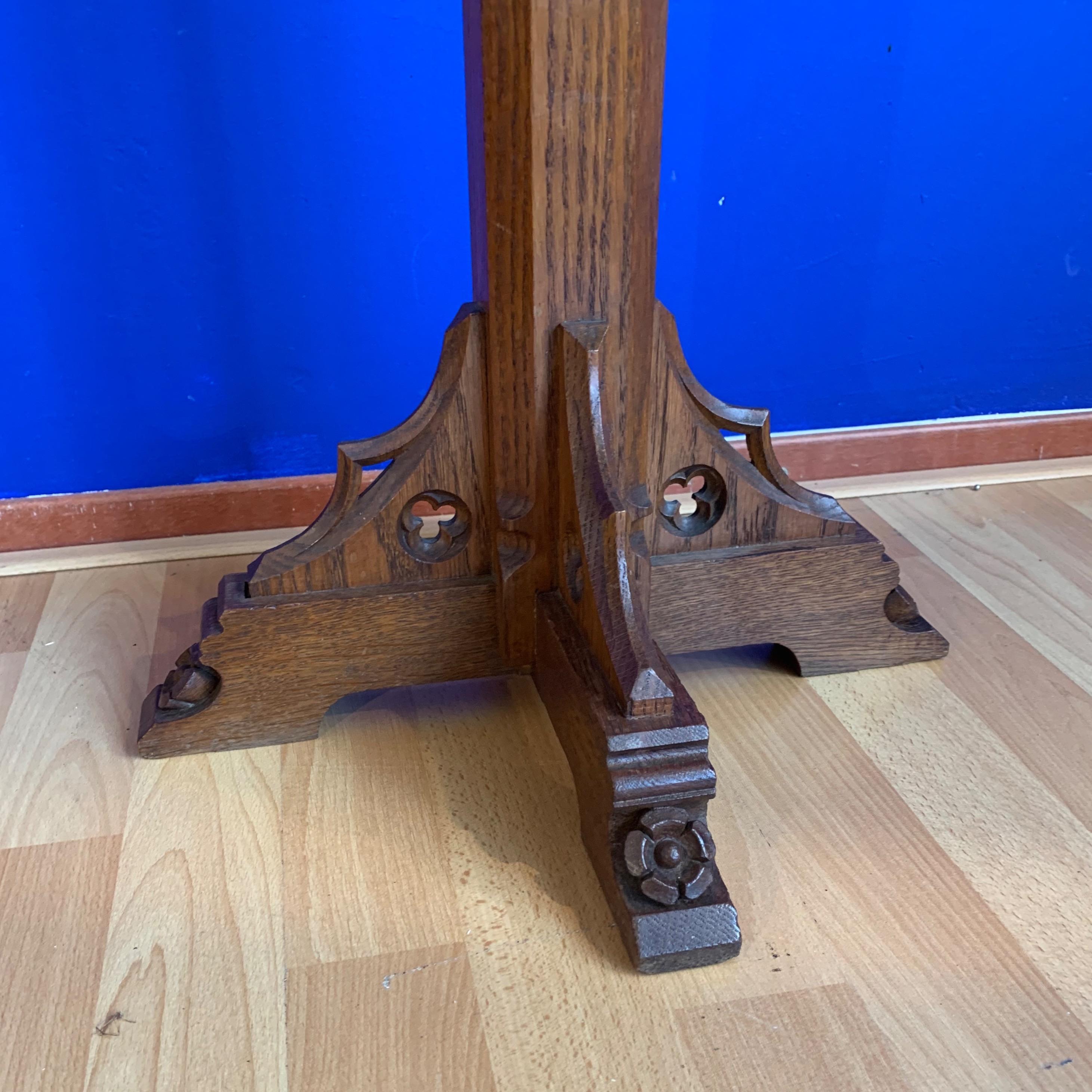 Antique Carved Solid Tiger Oak Gothic Revival Prived Altar Table w. Great Patina 10