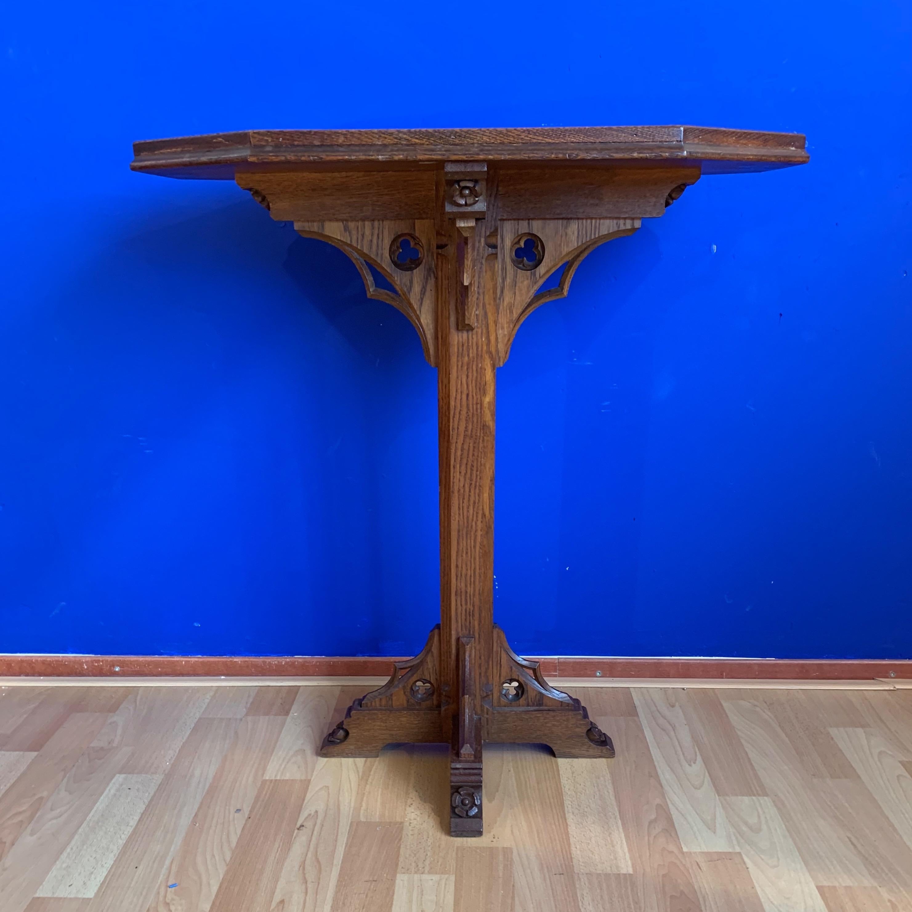 Antique Carved Solid Tiger Oak Gothic Revival Prived Altar Table w. Great Patina 9