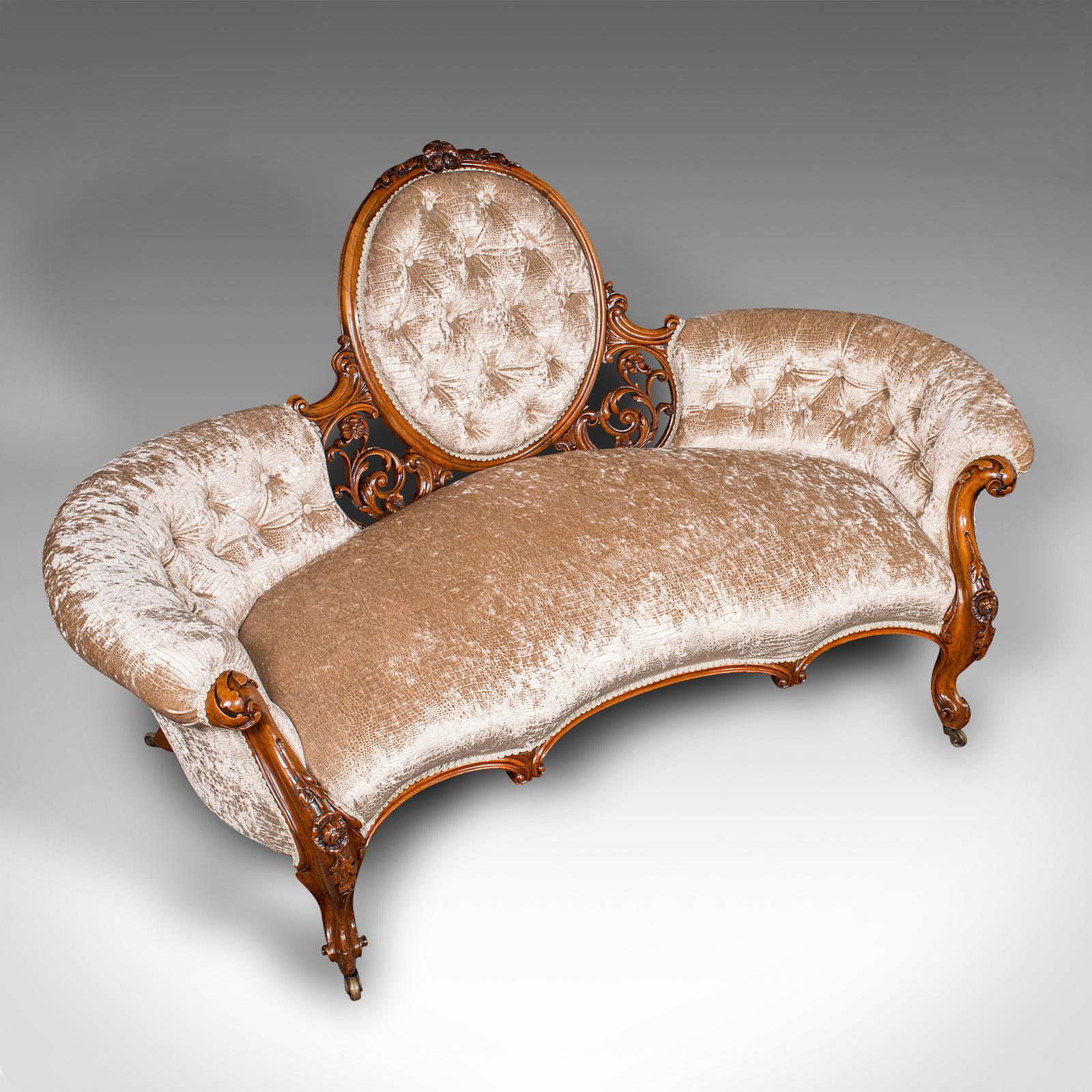 19th Century Antique Carved Spoon Back Settee, English, Walnut, Showpiece Sofa, Victorian For Sale