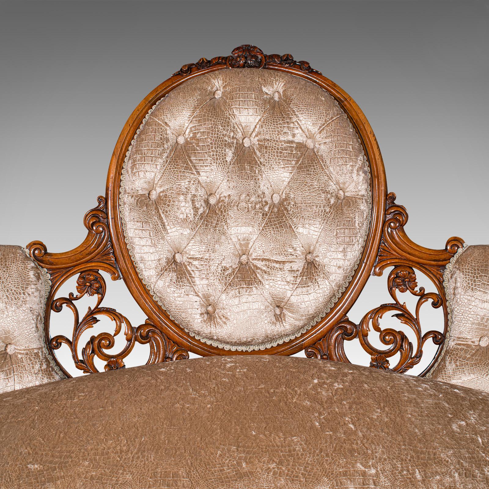 Chenille Antique Carved Spoon Back Settee, English, Walnut, Showpiece Sofa, Victorian For Sale