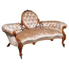 Used Carved Spoon Back Settee, English, Walnut, Showpiece Sofa, Victorian