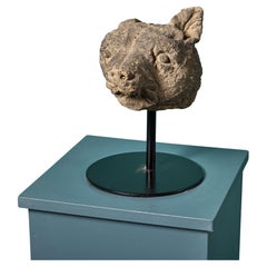 Antique Carved Stone Bear Head Sculpture