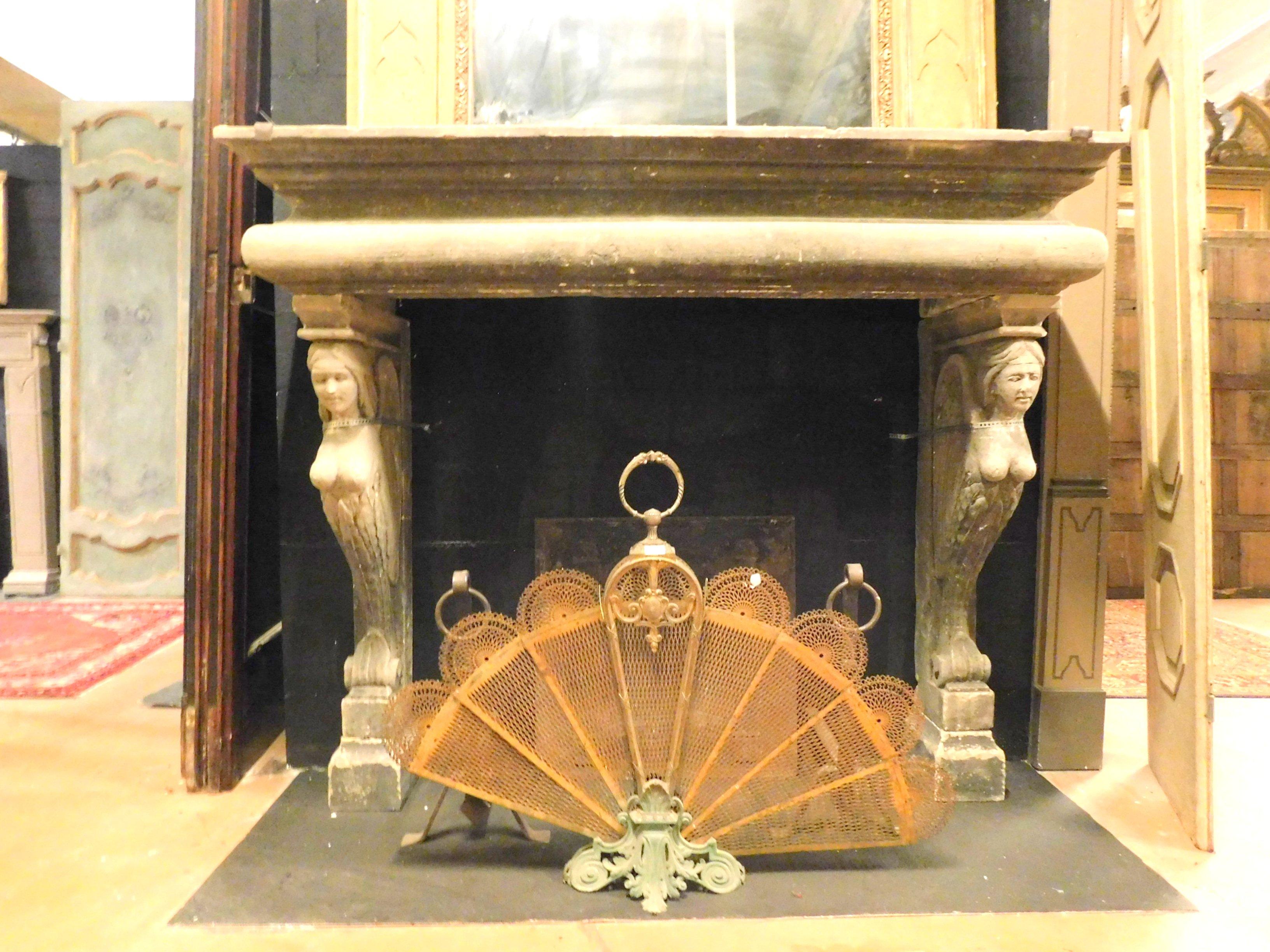 Hand-Carved Antique Carved Stone Fireplace, Winged Caryatids, Large and Richly, 1800, Italy