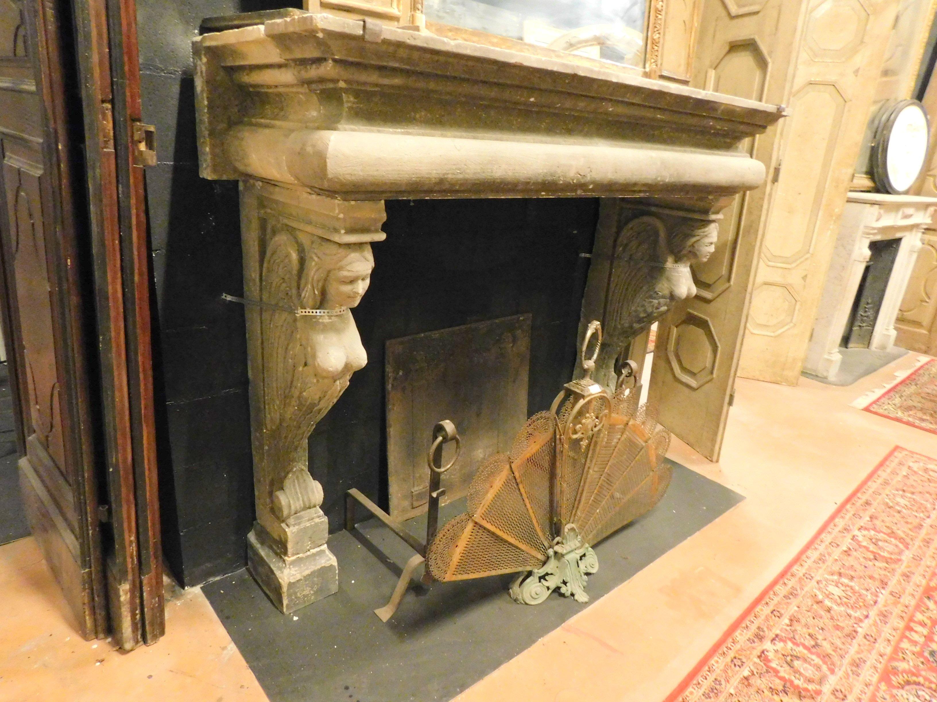 19th Century Antique Carved Stone Fireplace, Winged Caryatids, Large and Richly, 1800, Italy