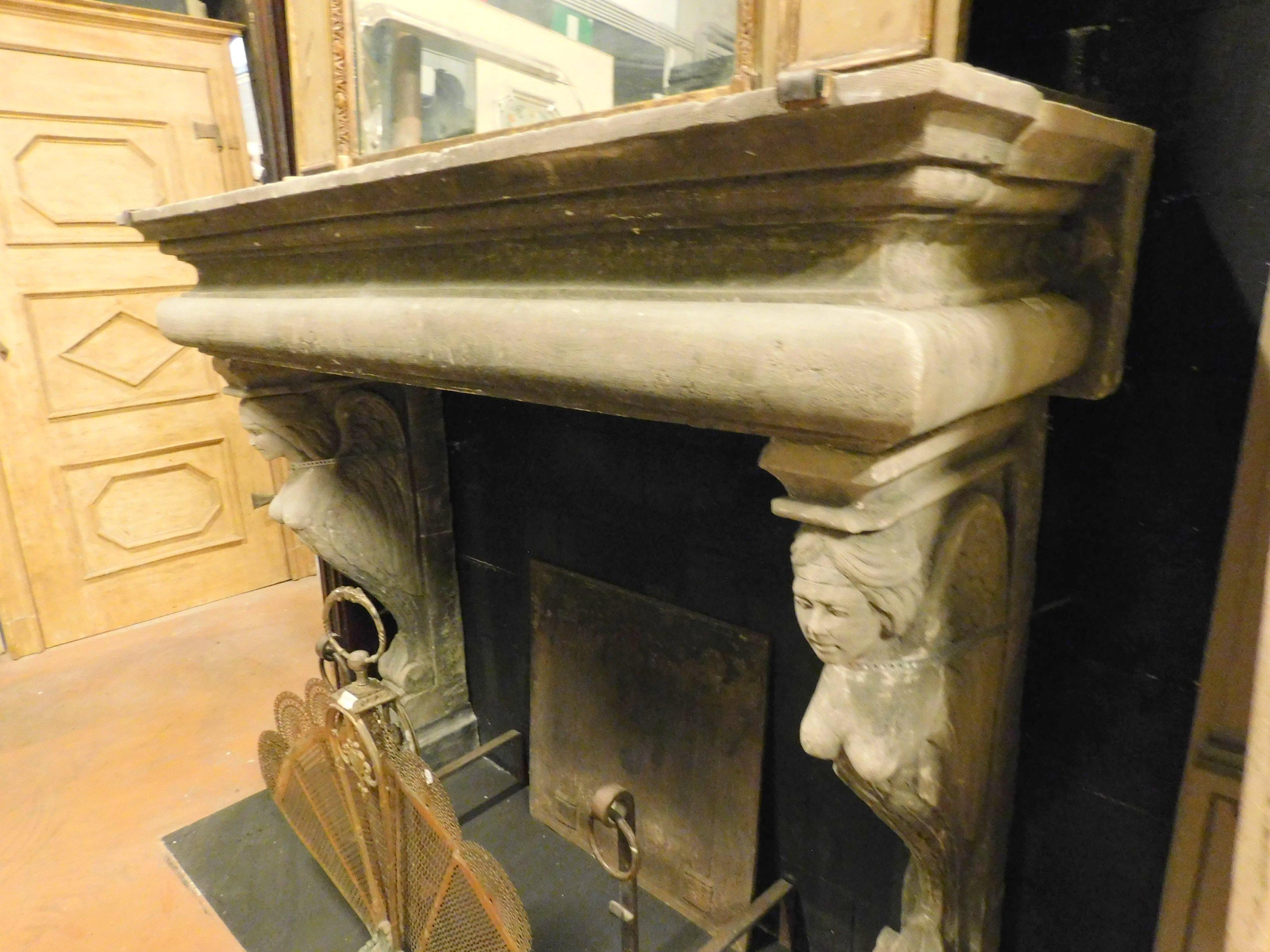 Antique Carved Stone Fireplace, Winged Caryatids, Large and Richly, 1800, Italy 4
