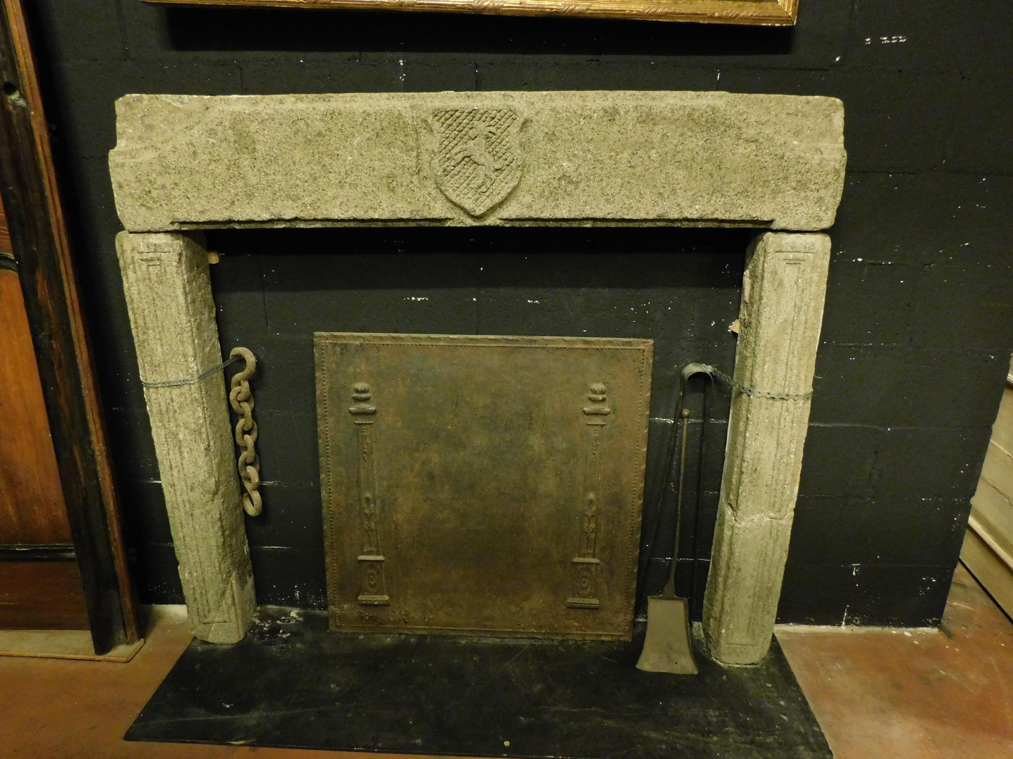 Italian Antique Carved Stone Fireplace with Coat of Arms, 1700, Italy