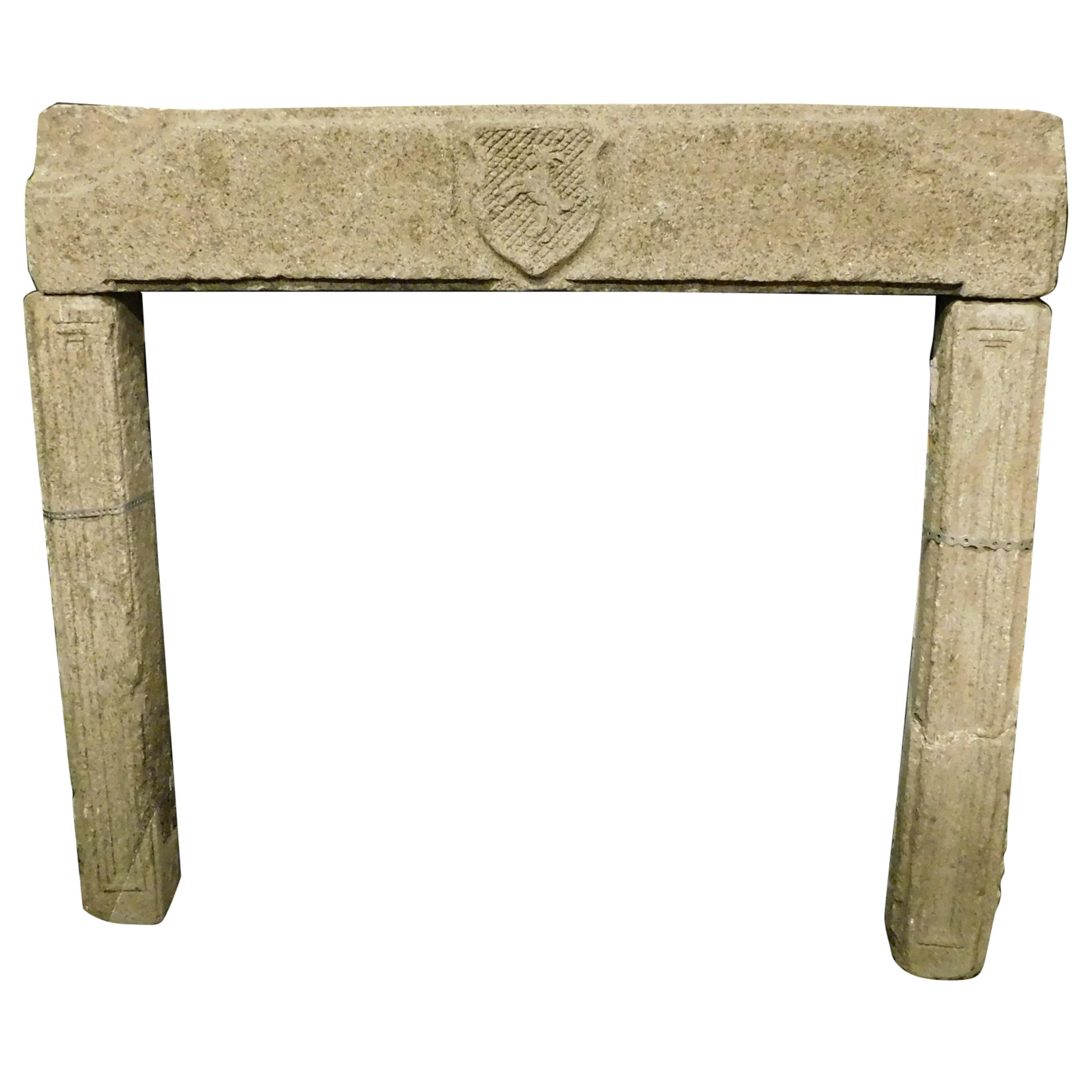 Antique Carved Stone Fireplace with Coat of Arms, 1700, Italy