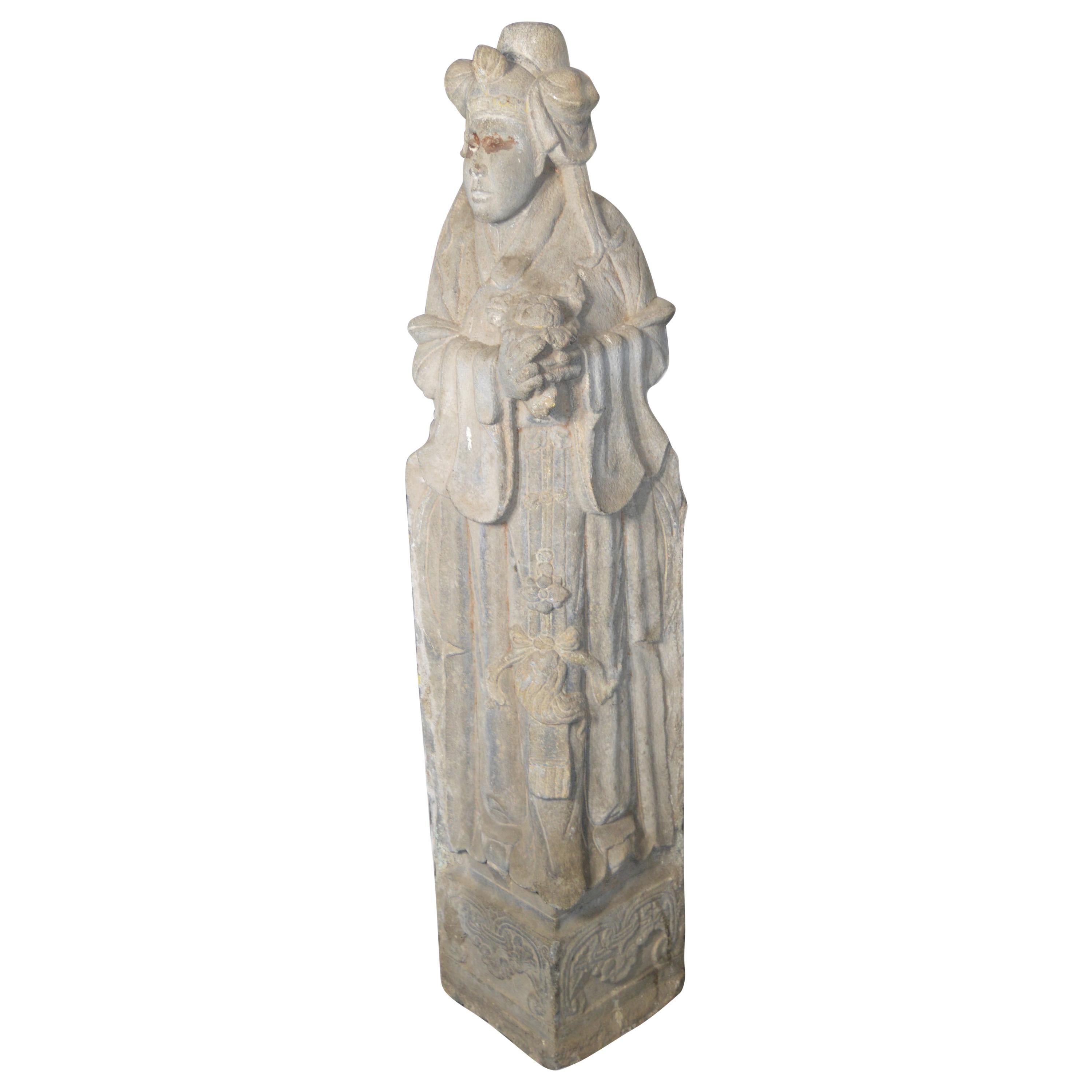 Antique Carved Stone Temple Sculpture of a Woman from, China, Late Qing, c 1900 For Sale