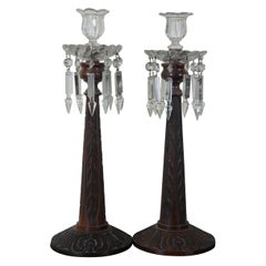 Antique Carved Teak Candlesticks Spear Cut Drop Crystals Candleholders