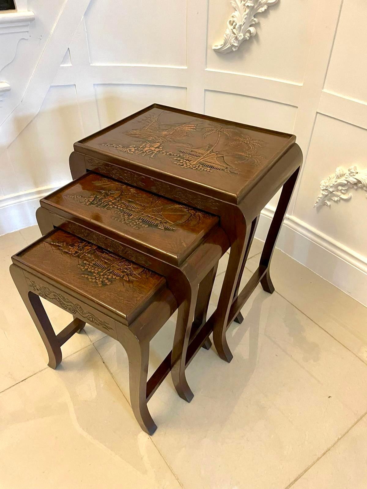 Antique Carved Teak Nest of 3 Tables For Sale 9