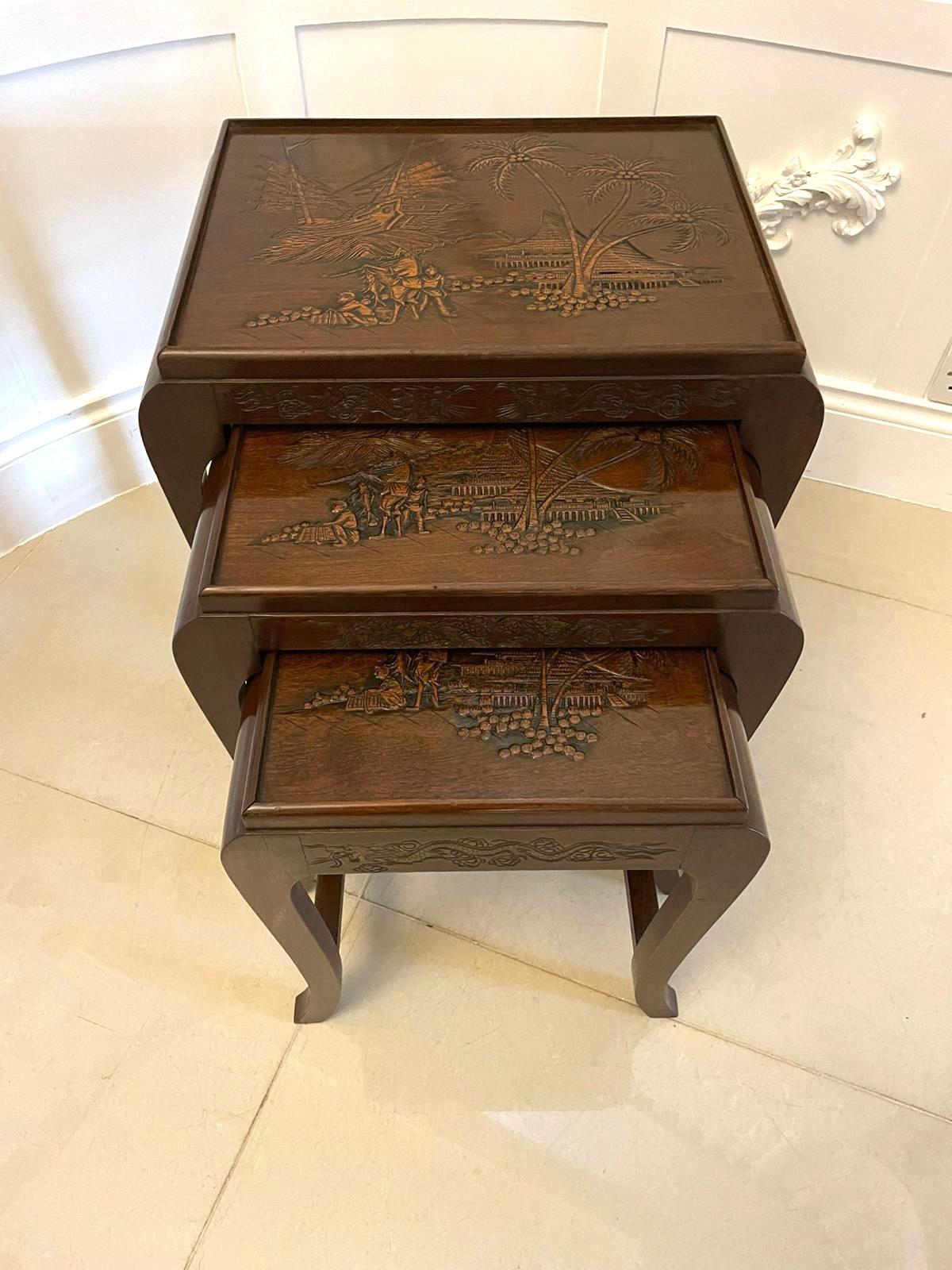 Antique Carved Teak Nest of 3 Tables For Sale 10