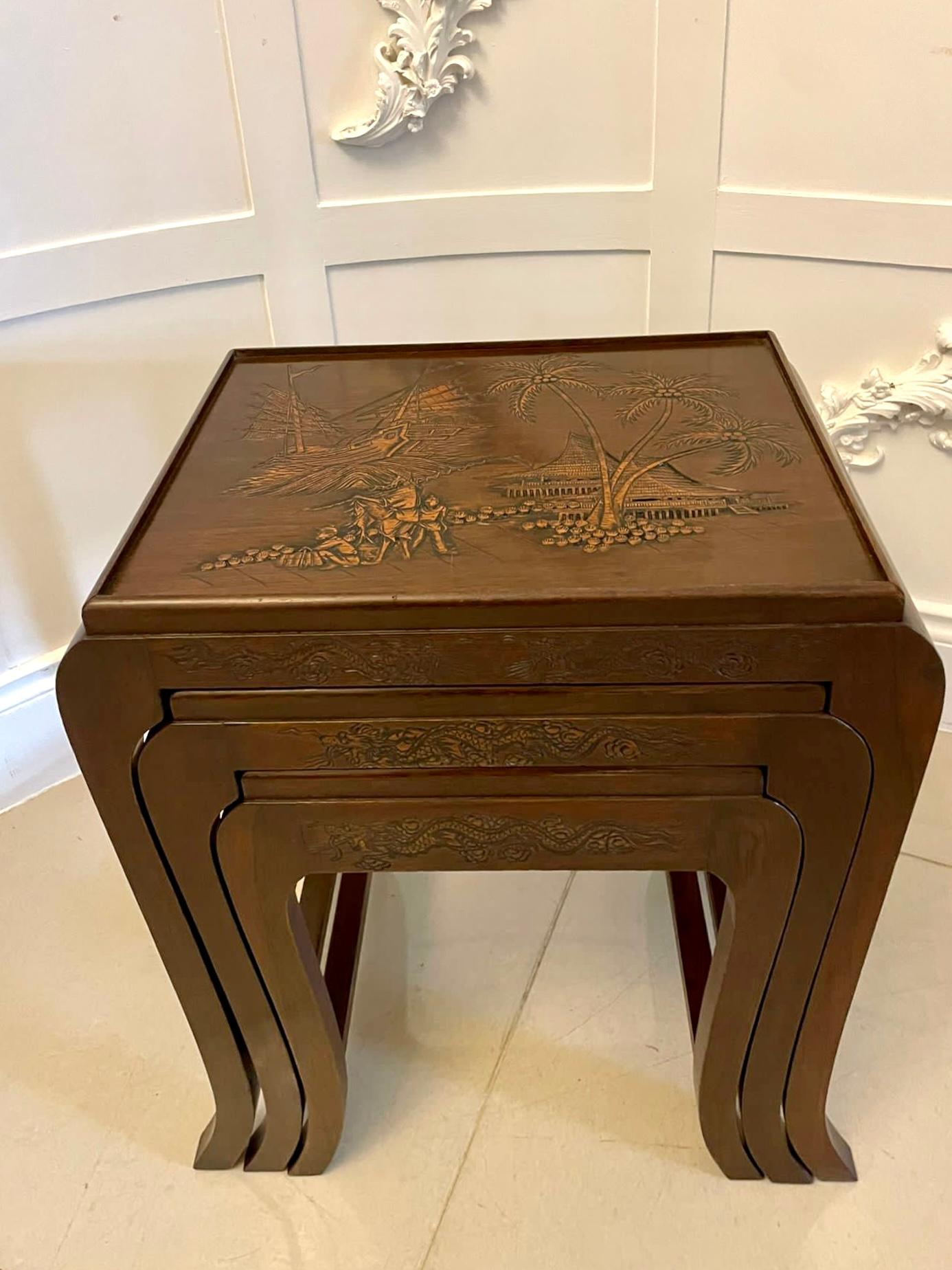 English Antique Carved Teak Nest of 3 Tables For Sale