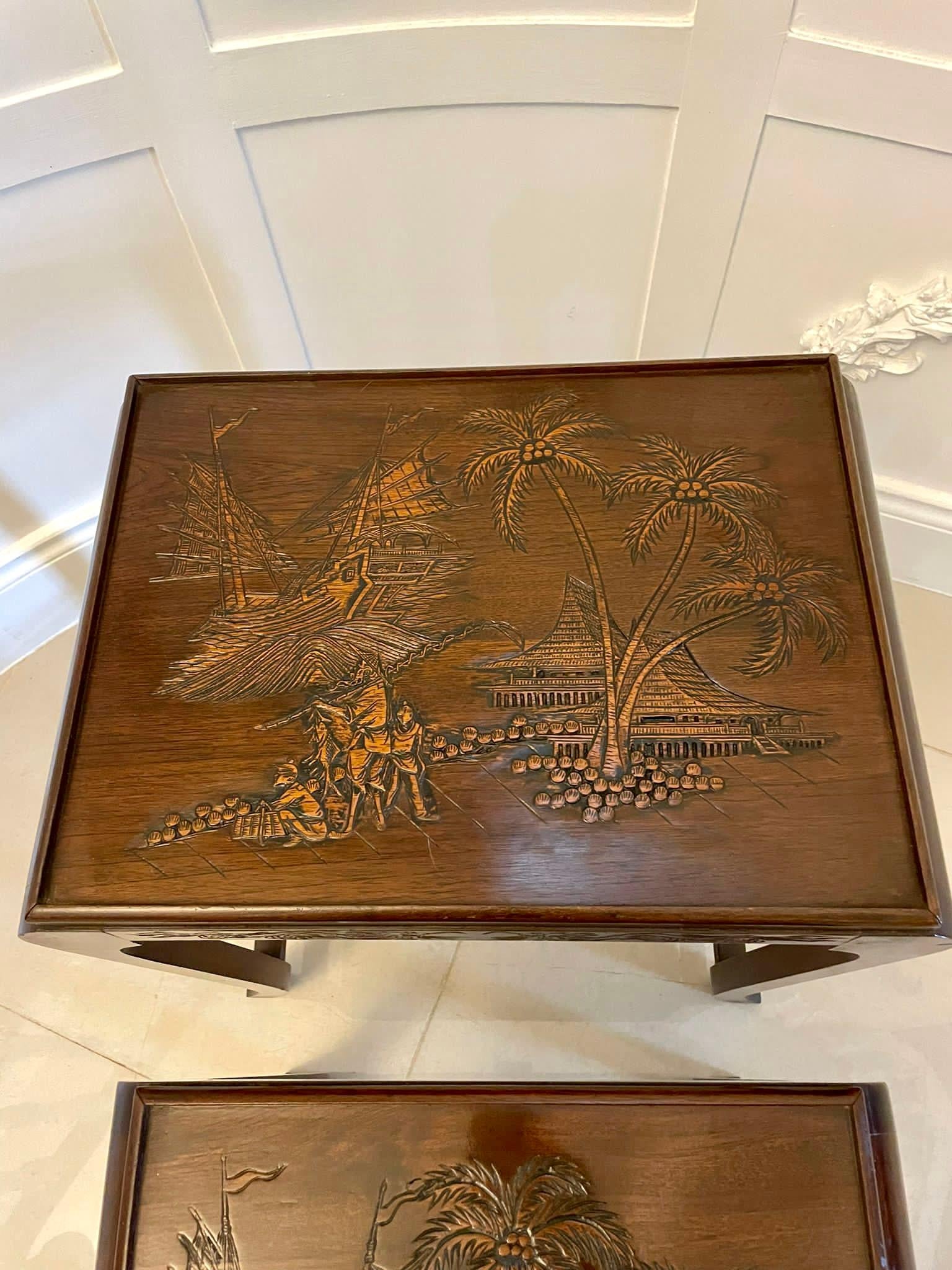 Antique Carved Teak Nest of 3 Tables For Sale 1