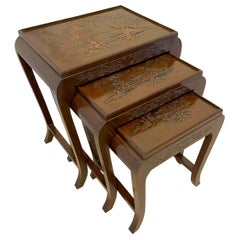 Antique Carved Teak Nest of 3 Tables